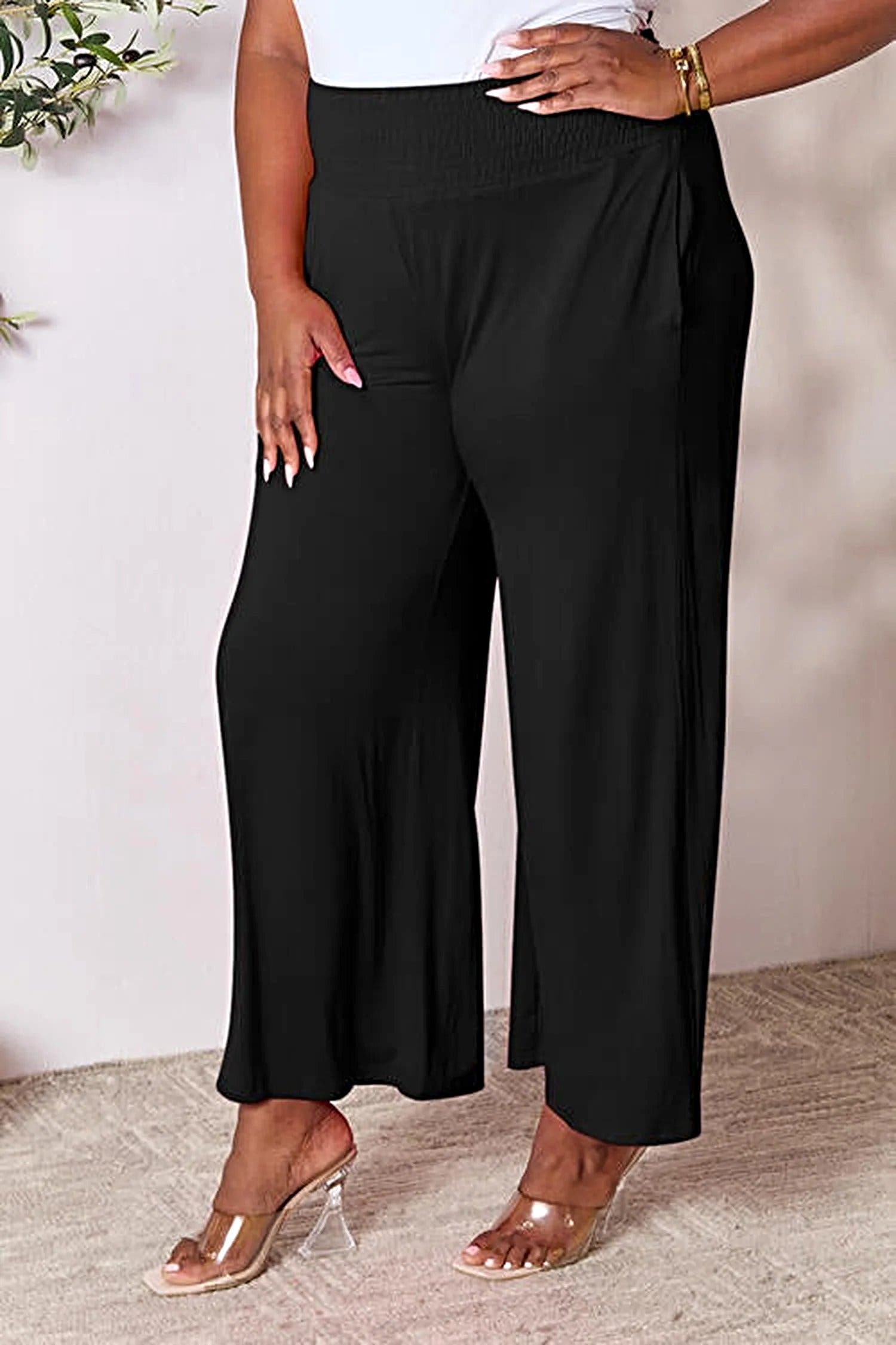 Elegant Wide Leg Pants with Smocked Waistband - Opaque Comfort in Sizes S-3XL Trendsi