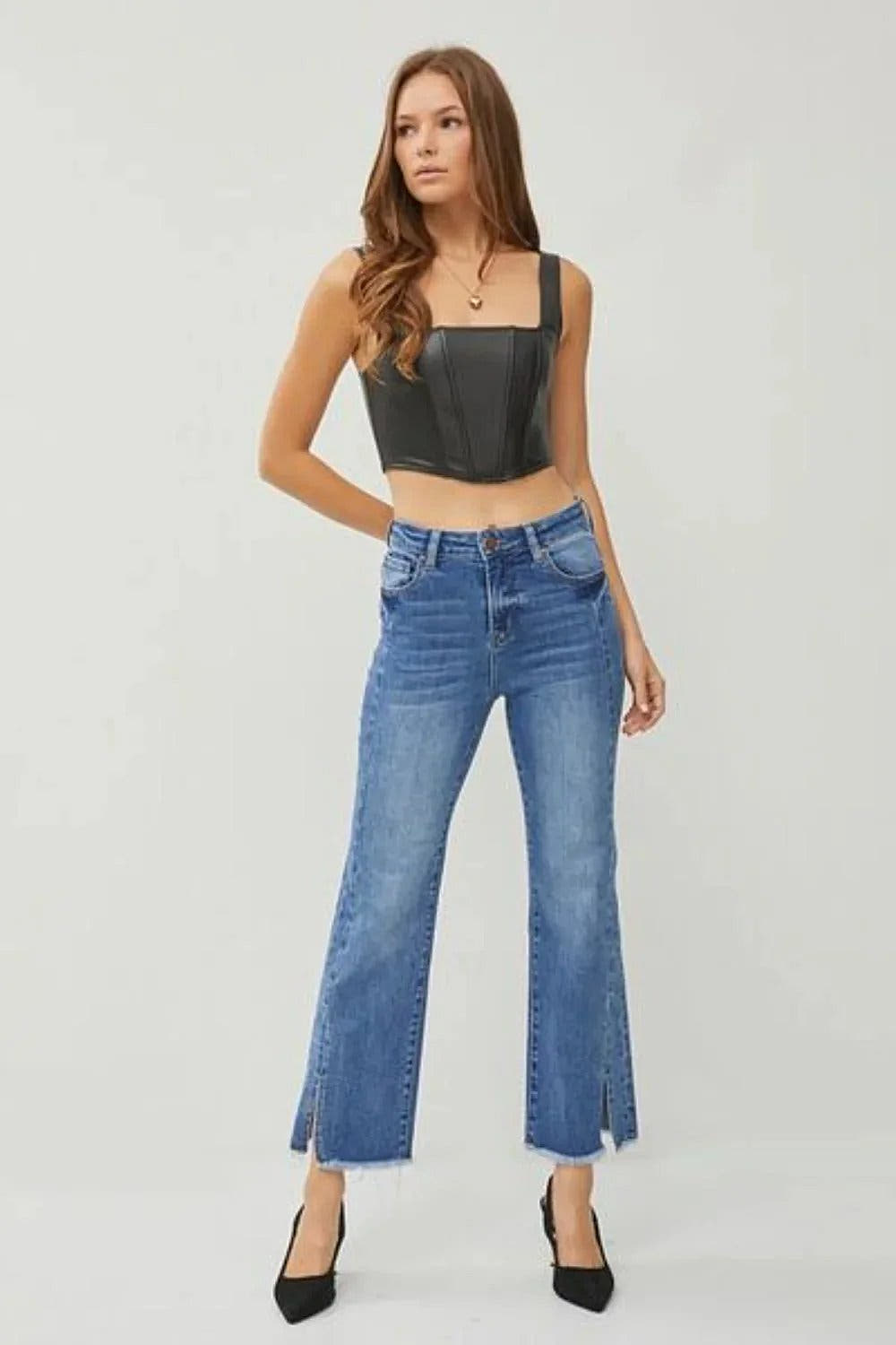 RISEN High Waist Raw Hem Slit Straight Jeans - Jeans
