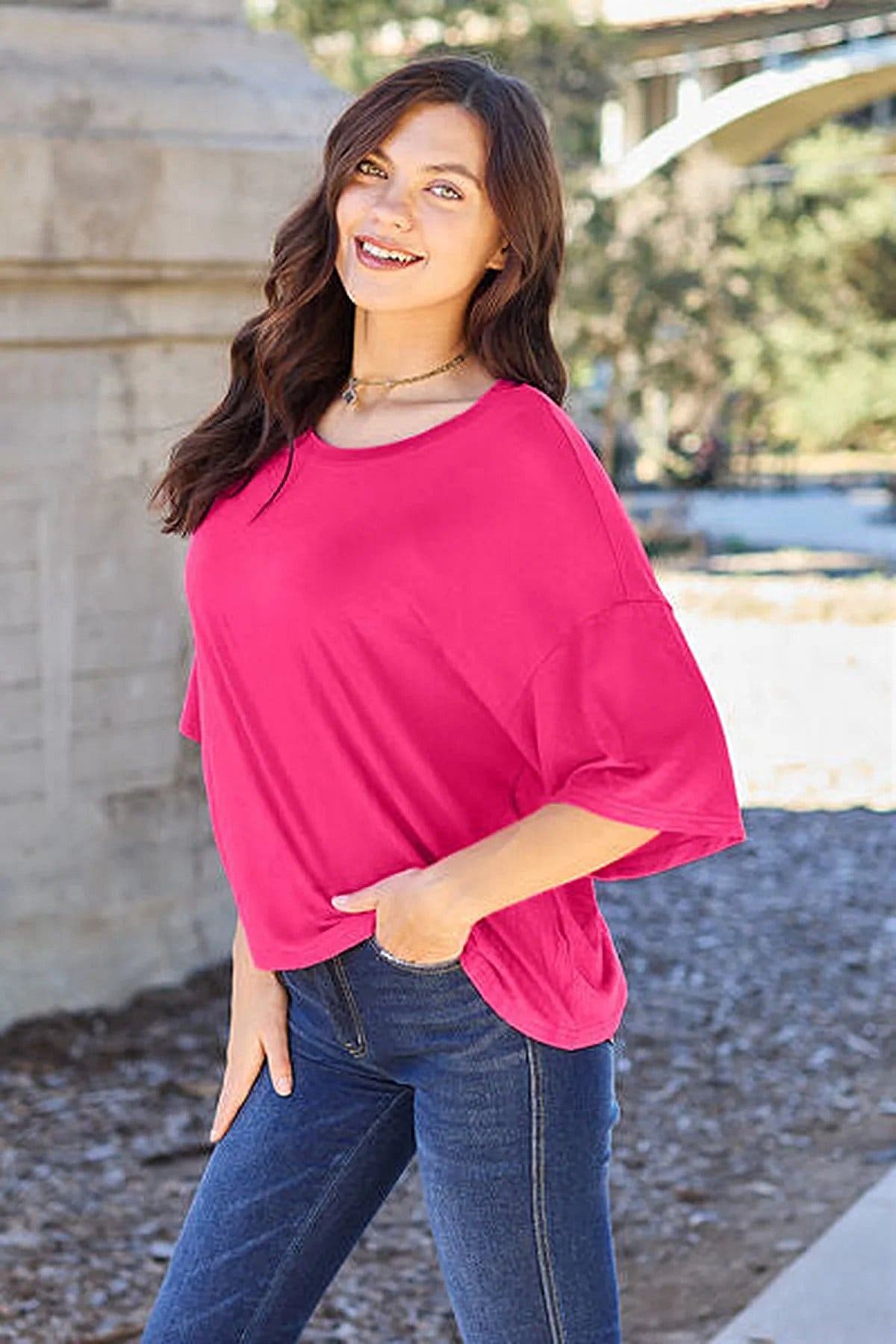 Luxury Opaque Drop Shoulder T-Shirt with Slight Stretch - Full Size, 95% Polyester Trendsi