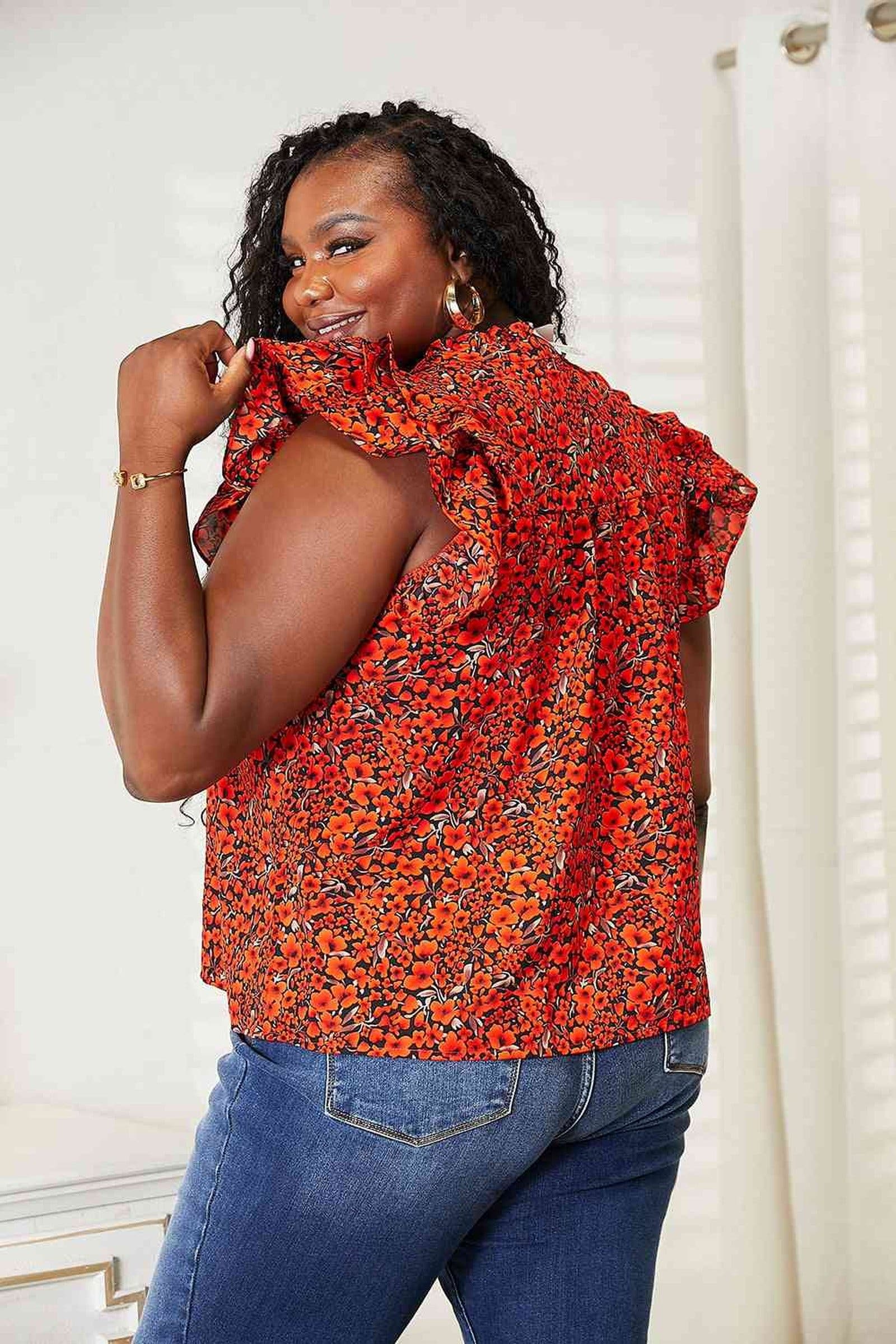 Elegance Redefined: Floral Flutter Sleeve Blouse With Chic Notched Neckline Trendsi