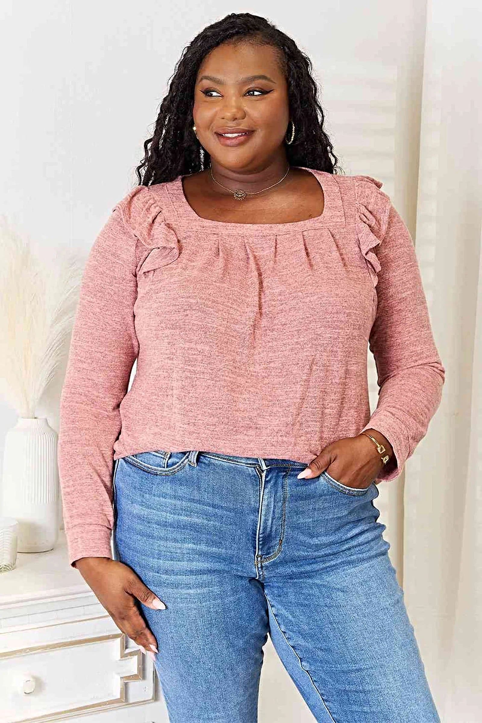 Elegant Ruffle Shoulder Top - Square Neck Long Sleeve T-Shirt in Plus Sizes Trendsi