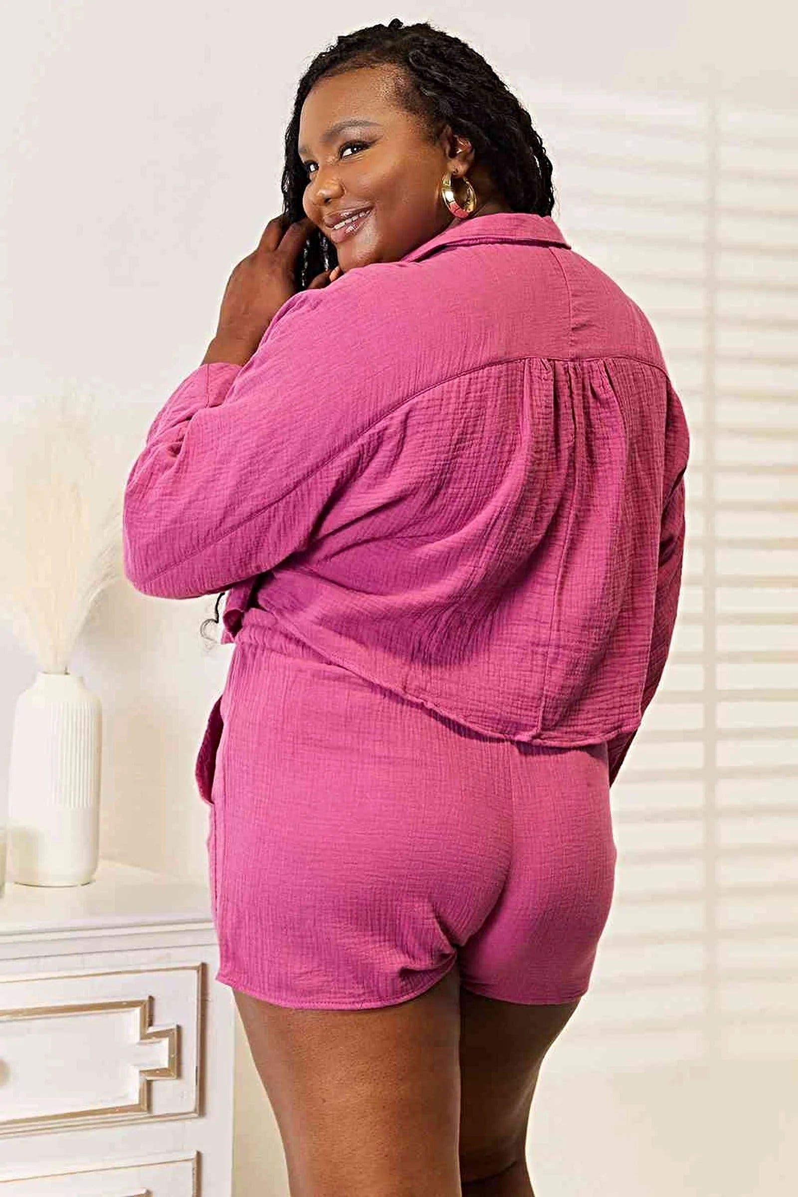 Casual Summer Outfit: 2-Piece Buttoned Long Sleeve Top & Shorts Set for Stylish Comfort Trendsi