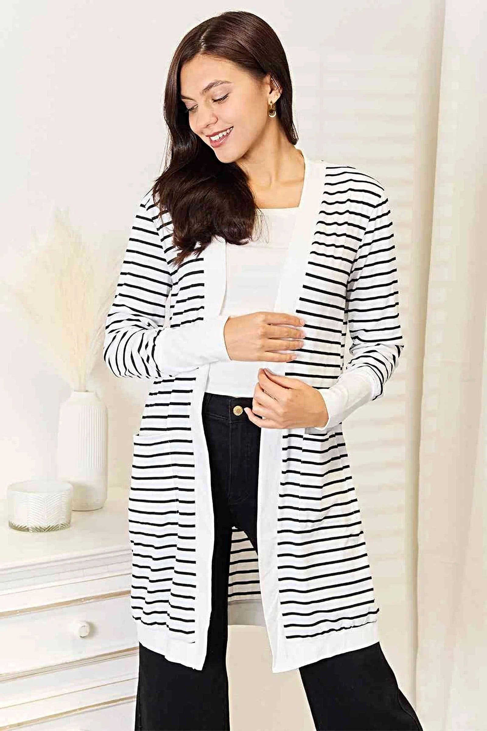 Elegant Striped Longline Cardigan with Open Front and Pockets for Effortless Style Trendsi