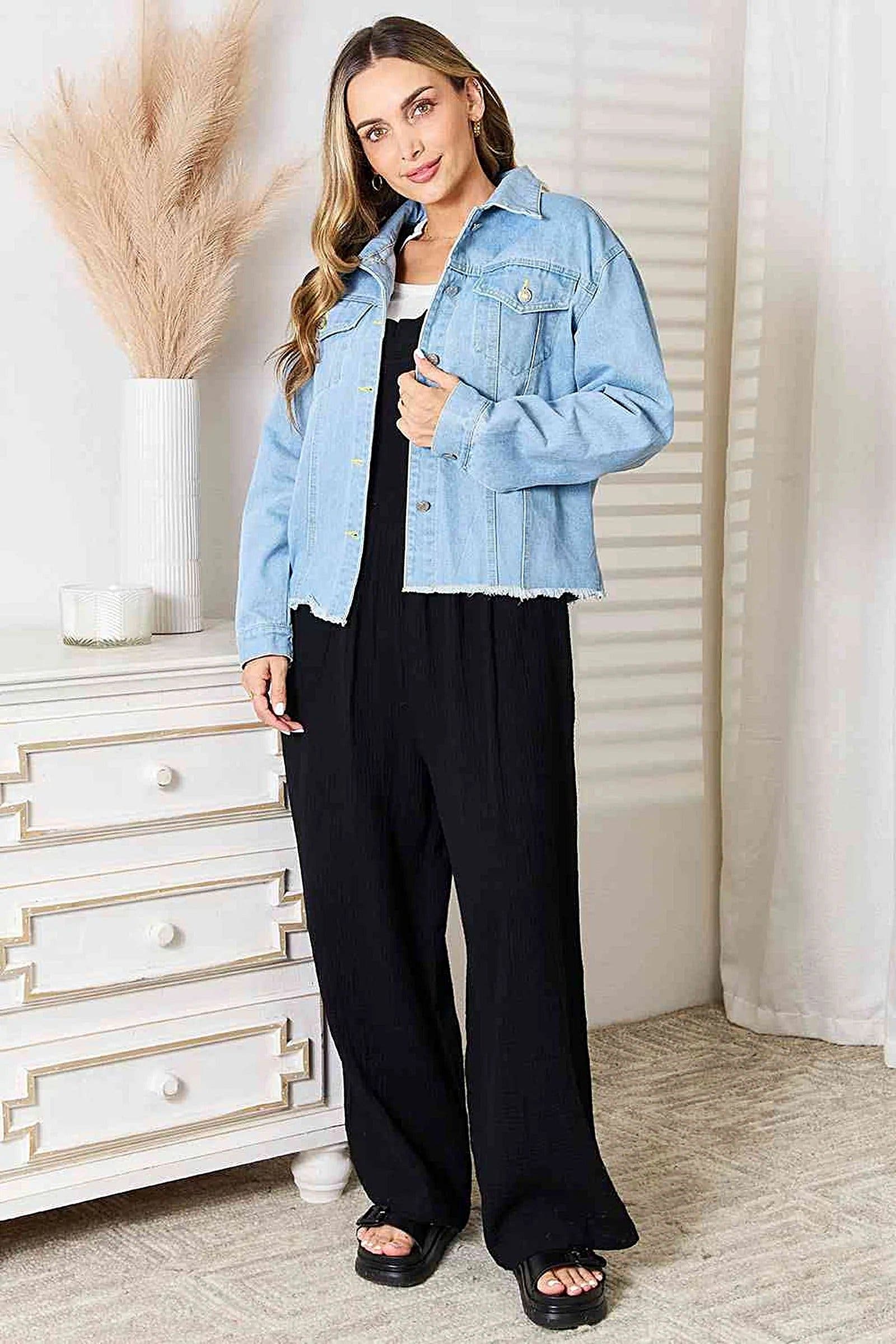 Double Take Dropped Shoulder Raw Hem Denim Jacket -