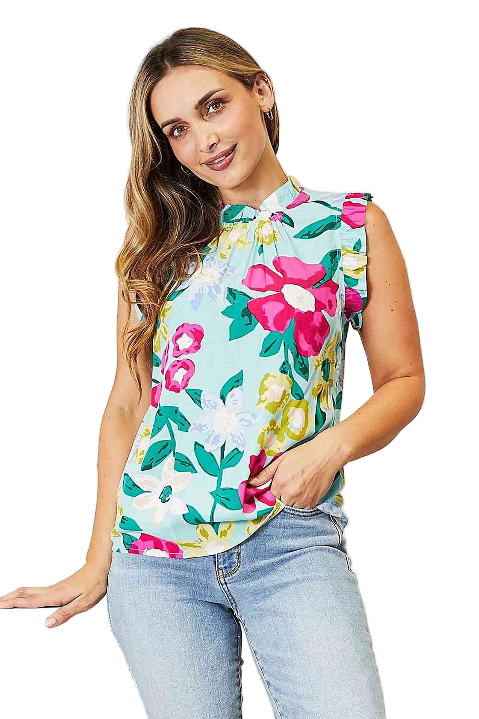 Sleeveless Floral Top With Ruffle Shoulders - Elegant Mock Neck Blouse By Trendsi Trendsi