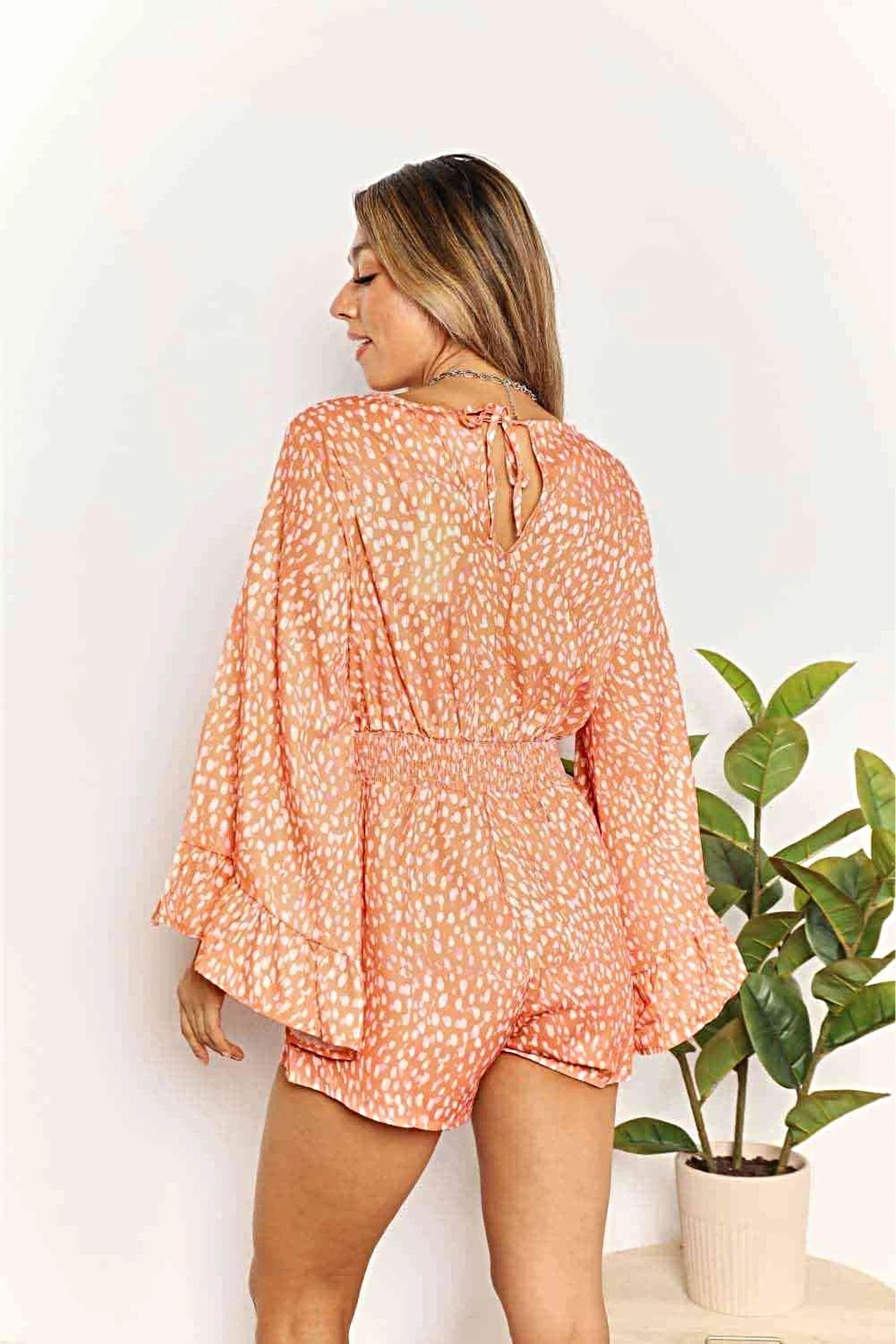 Chic Flare Sleeve Romper With Surplice Neckline & Smocked Detailing, Vibrant Printed Design Trendsi