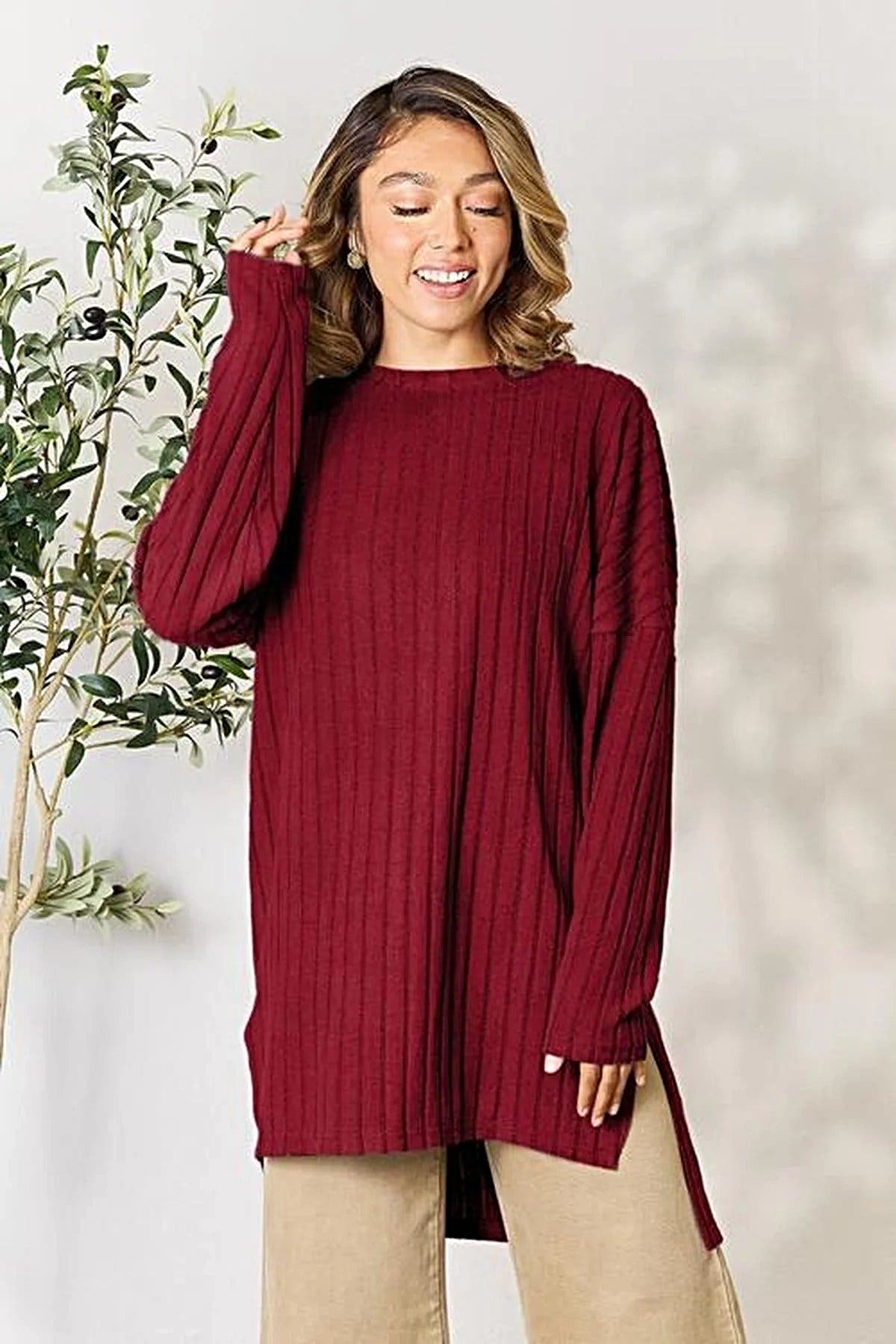 Chic Ribbed Long Sleeve Top with Slit - Basic Bae Full Size Round Neck Design for Effortless Style Trendsi