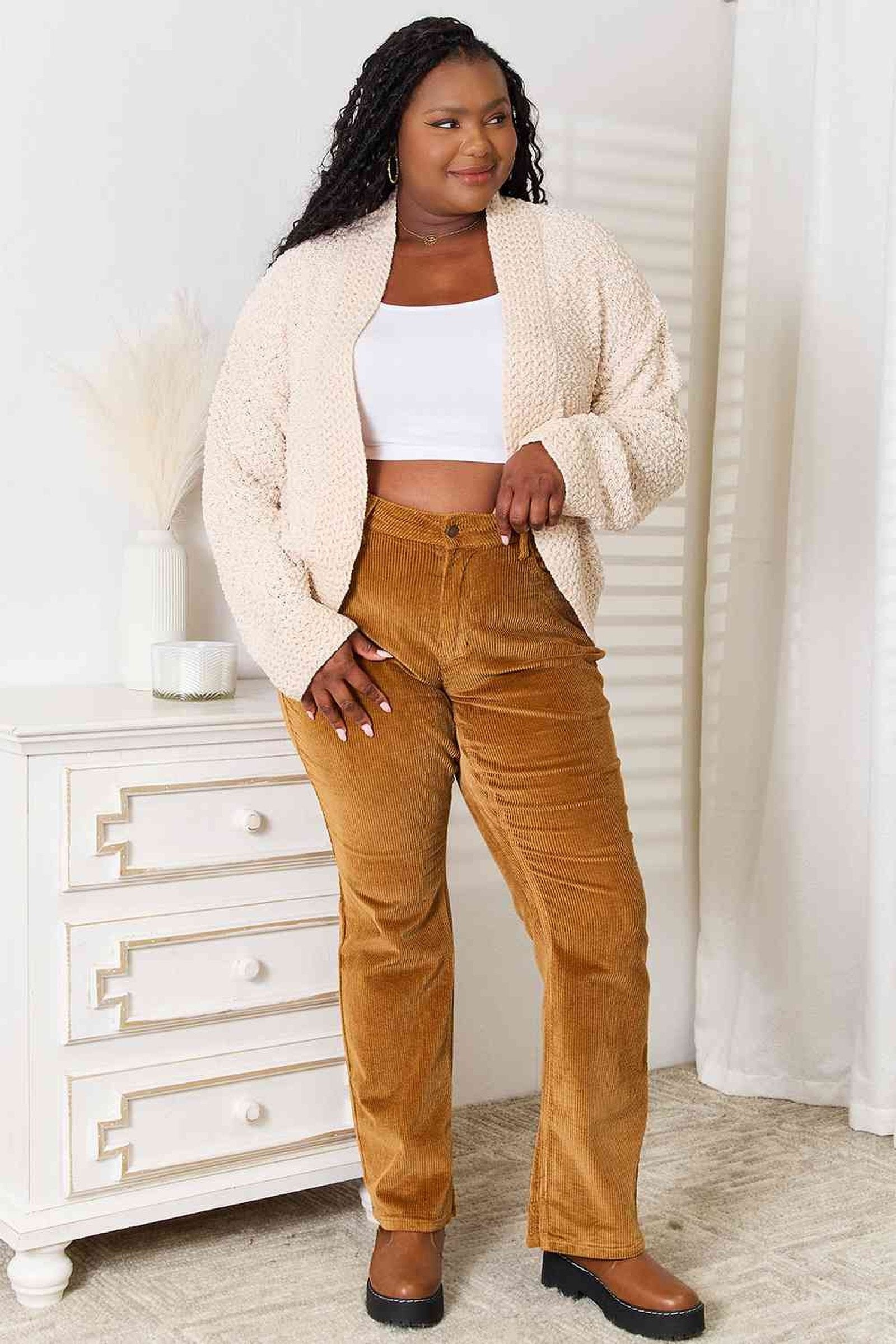 Elegant 100% Acrylic Open Front Cardigan with Long Sleeves - Cozy Layering Essential Trendsi