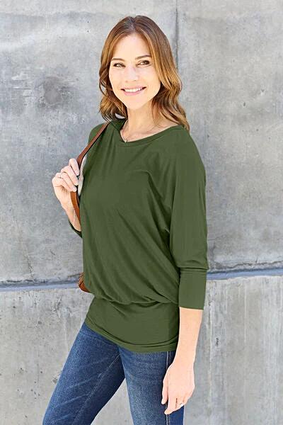 Basic Bae Full Size Round Neck Batwing Sleeve Blouse -