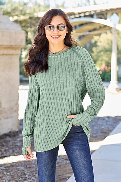 Trendy Ribbed Long Sleeve Top - Basic Bae Opaque Knit with Slight Stretch in Various Sizes Trendsi