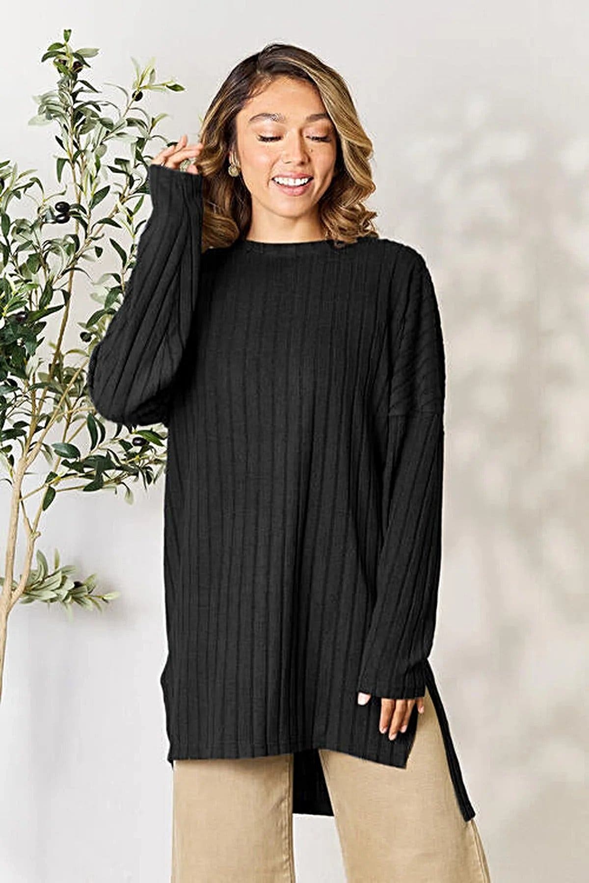 Chic Ribbed Long Sleeve Top with Slit - Basic Bae Full Size Round Neck Design for Effortless Style Trendsi