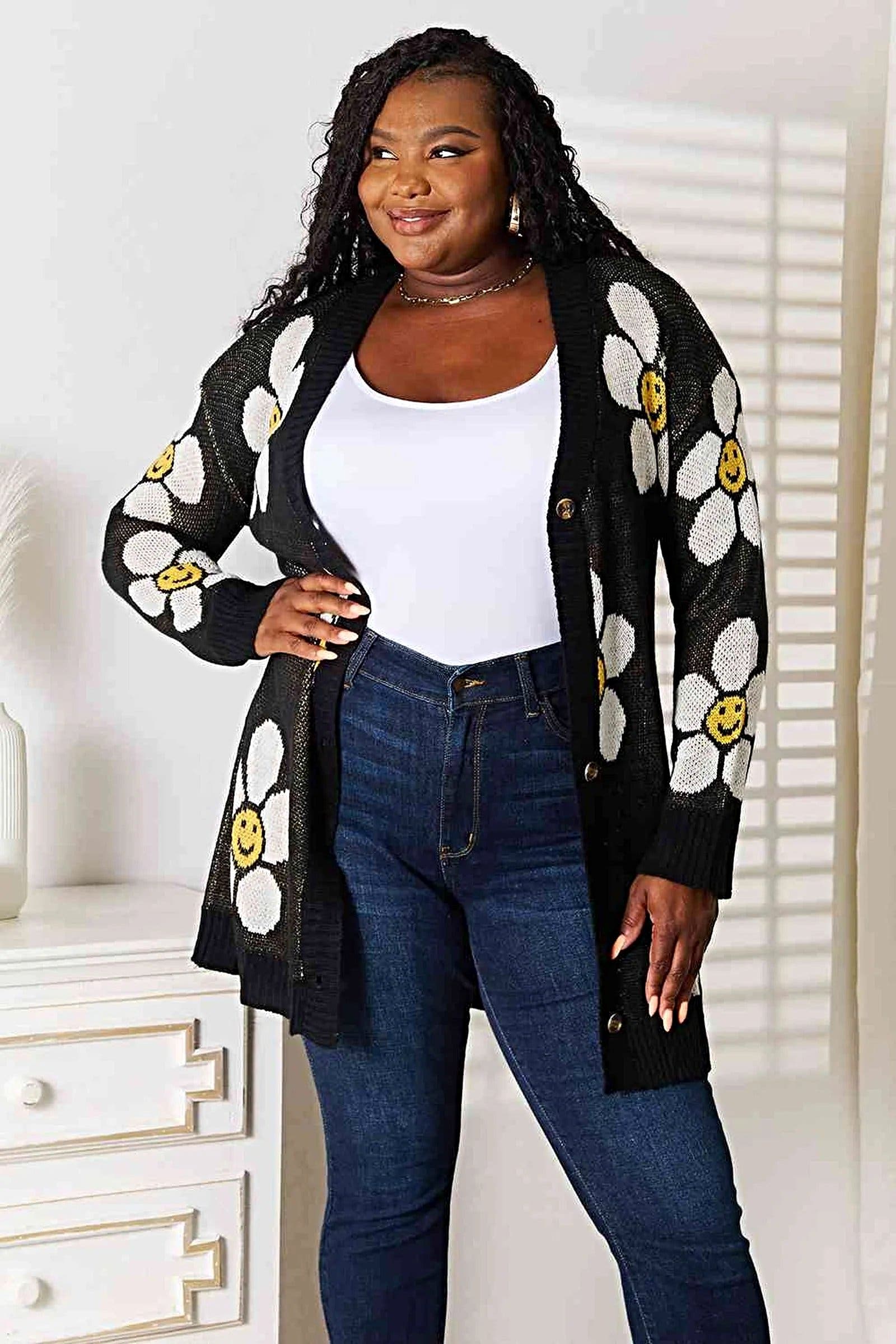 Floral Longline Cardigan - Elegant Button Down Closure, Ribbed Detail & Moderate Stretch Trendsi
