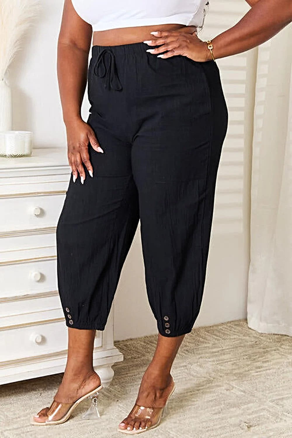 Double Take Decorative Button Cropped Pants, Also Plus sizes -
