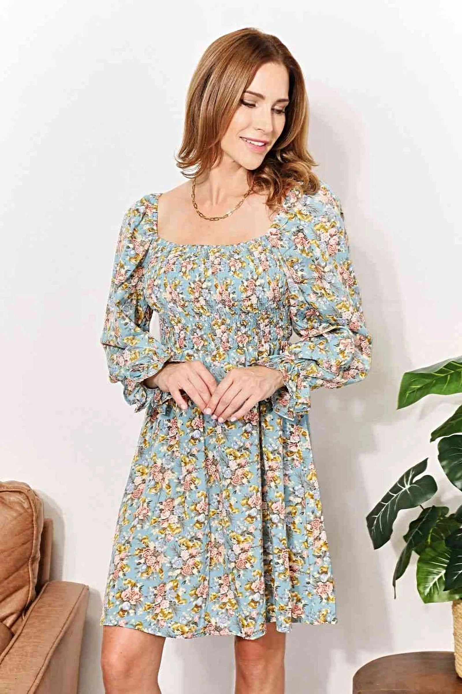 Double Take Floral Smocked Flounce Sleeve Square Neck Dress -