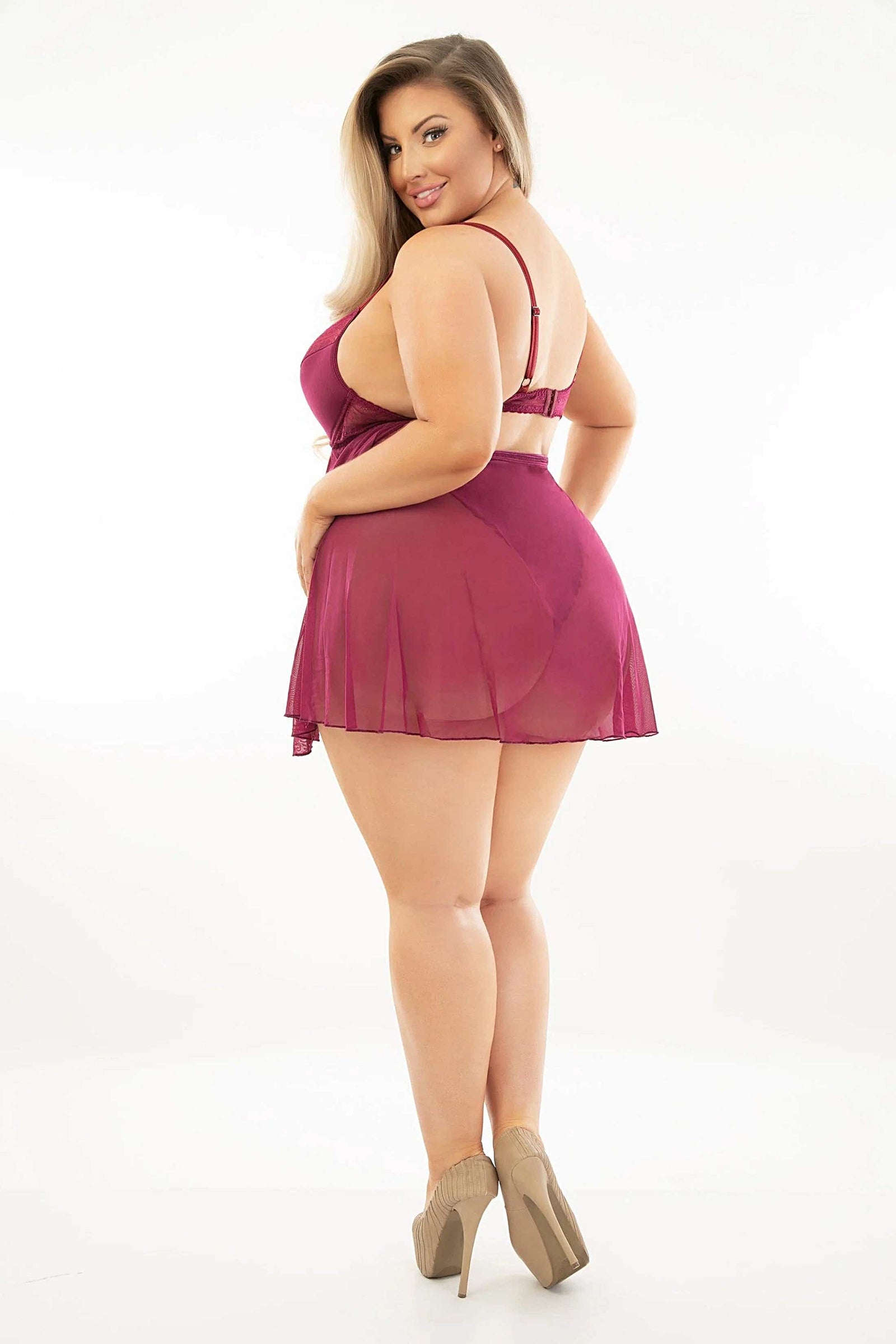 Plus Size Lace Teddydoll With Open Crotch, Adjustable Straps & Underwire Cups in Black, Wine, Dark Teal Escante