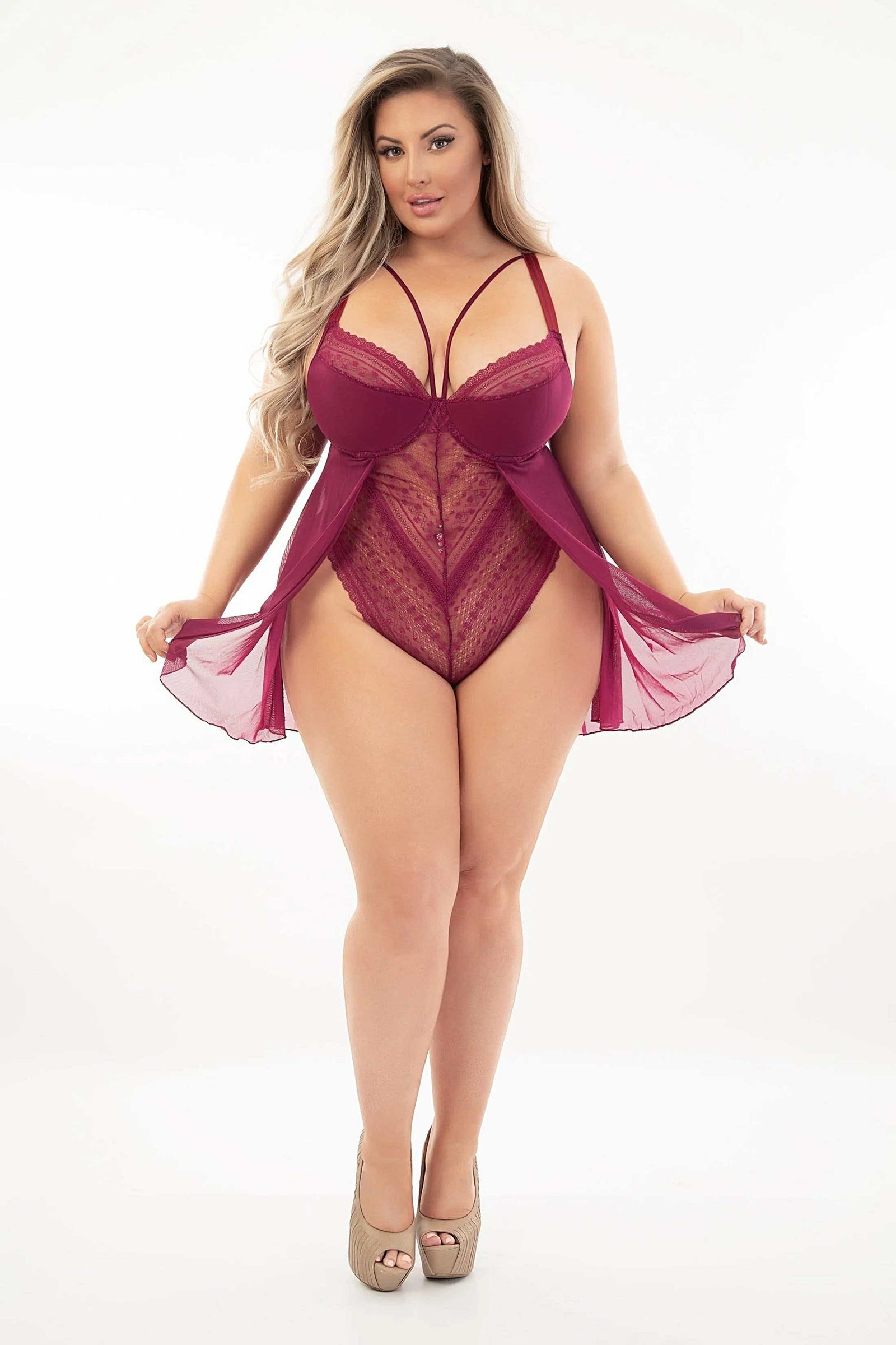 Plus Size Lace Teddydoll With Open Crotch, Adjustable Straps & Underwire Cups in Black, Wine, Dark Teal Escante