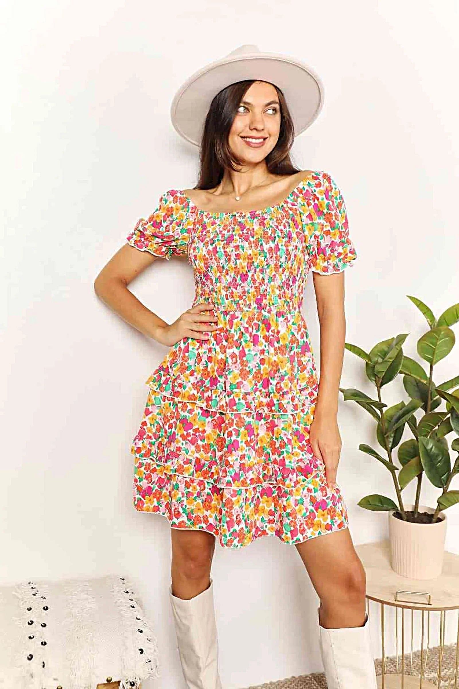 Smocked Sweetheart Dress with Flounce Sleeves - Floral Mini Dress for Effortless Elegance Trendsi