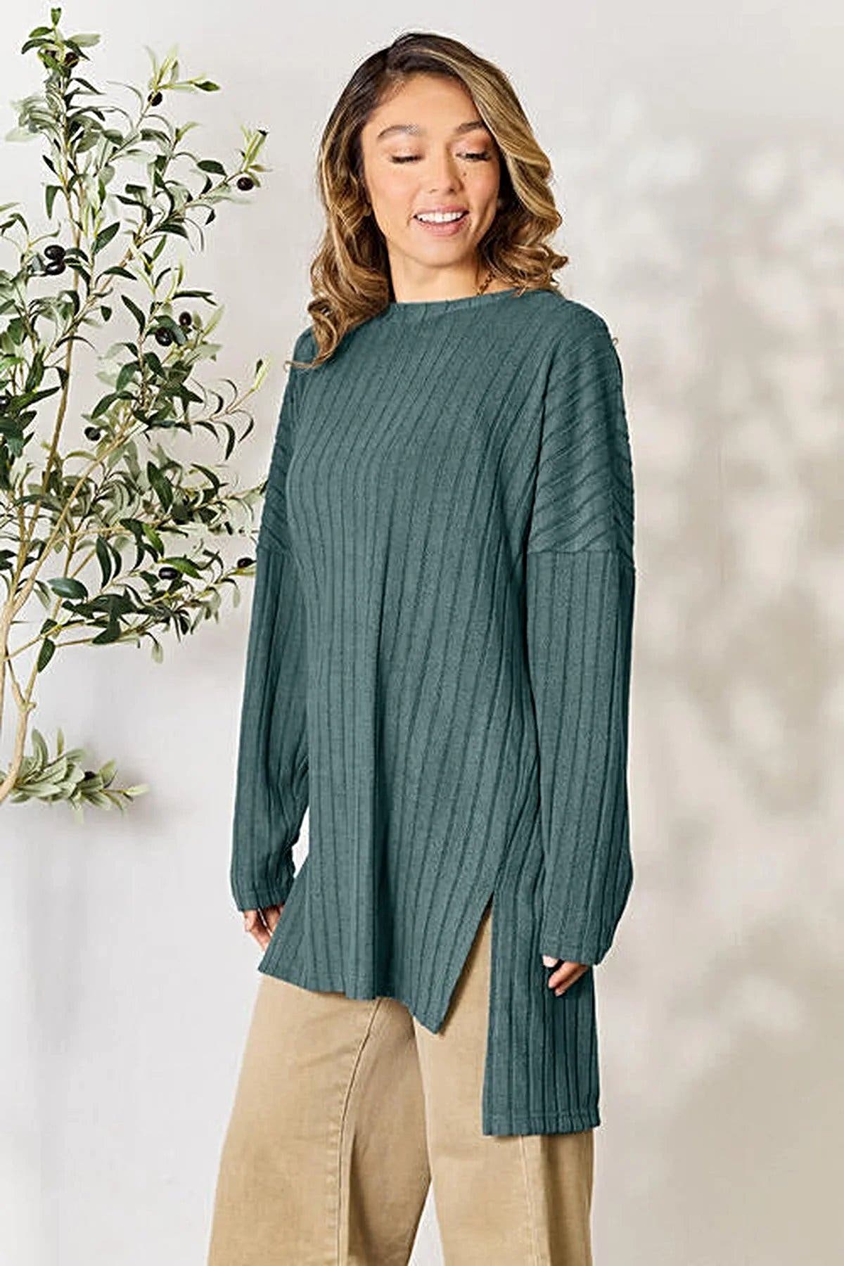 Chic Ribbed Long Sleeve Top with Slit - Basic Bae Full Size Round Neck Design for Effortless Style Trendsi