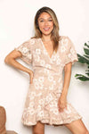 Double Take Floral Lace Pompom Detail Tie-Waist Flutter Sleeve Dress-Trendsi-Sand-S-SatinBoutique