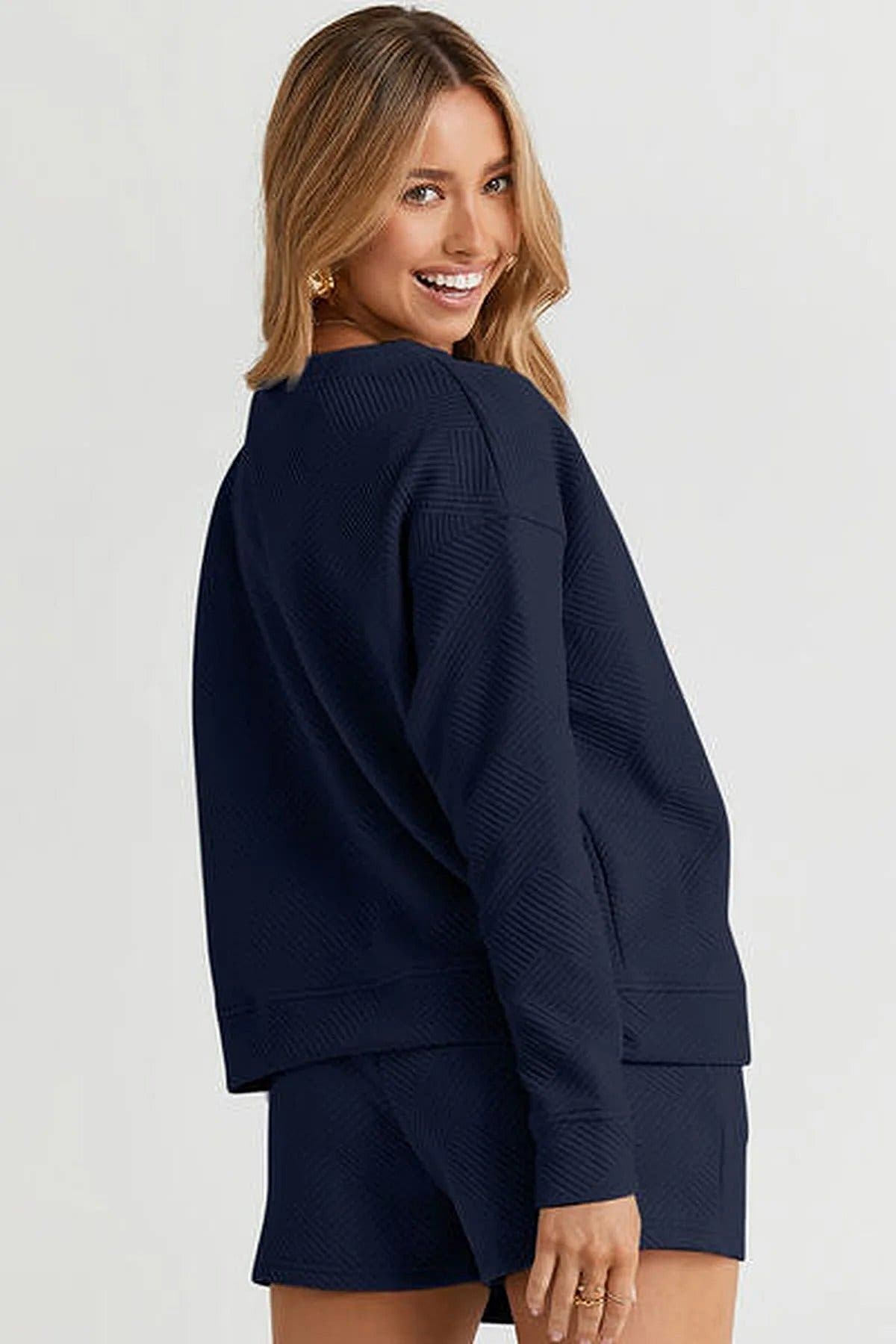 Double Take Full Size Long Sleeve Top Shorts Set with Pockets - Comfortable & Stretchy Trendsi