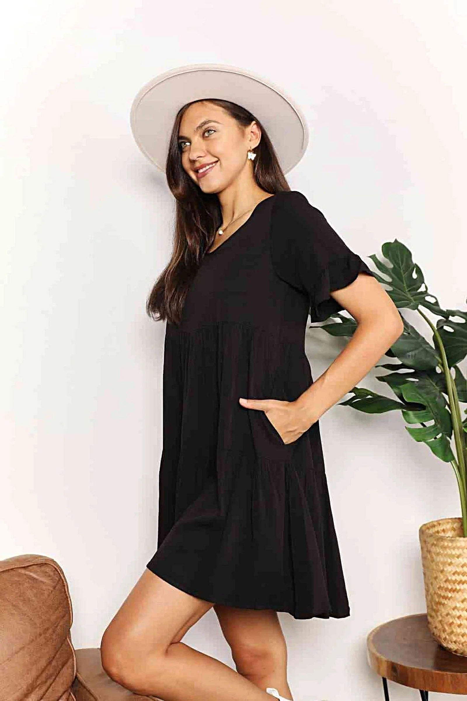 Double Take V-Neck Flounce Sleeve Tiered Dress -