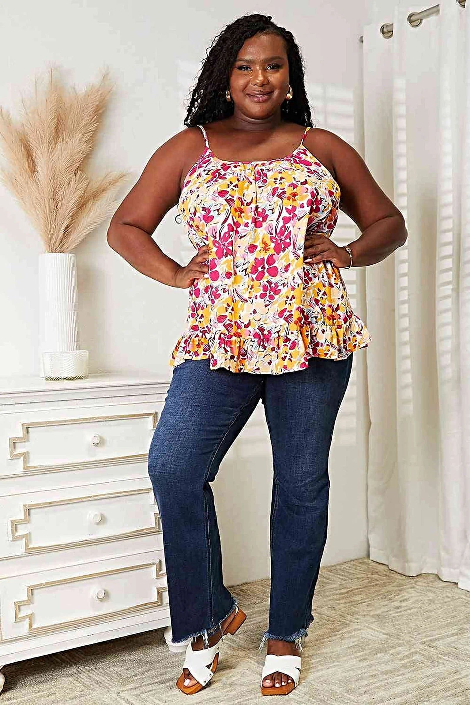 Floral Scoop Neck Cami with Ruffle Hem - Elegant Style for All Sizes, Including Plus Trendsi