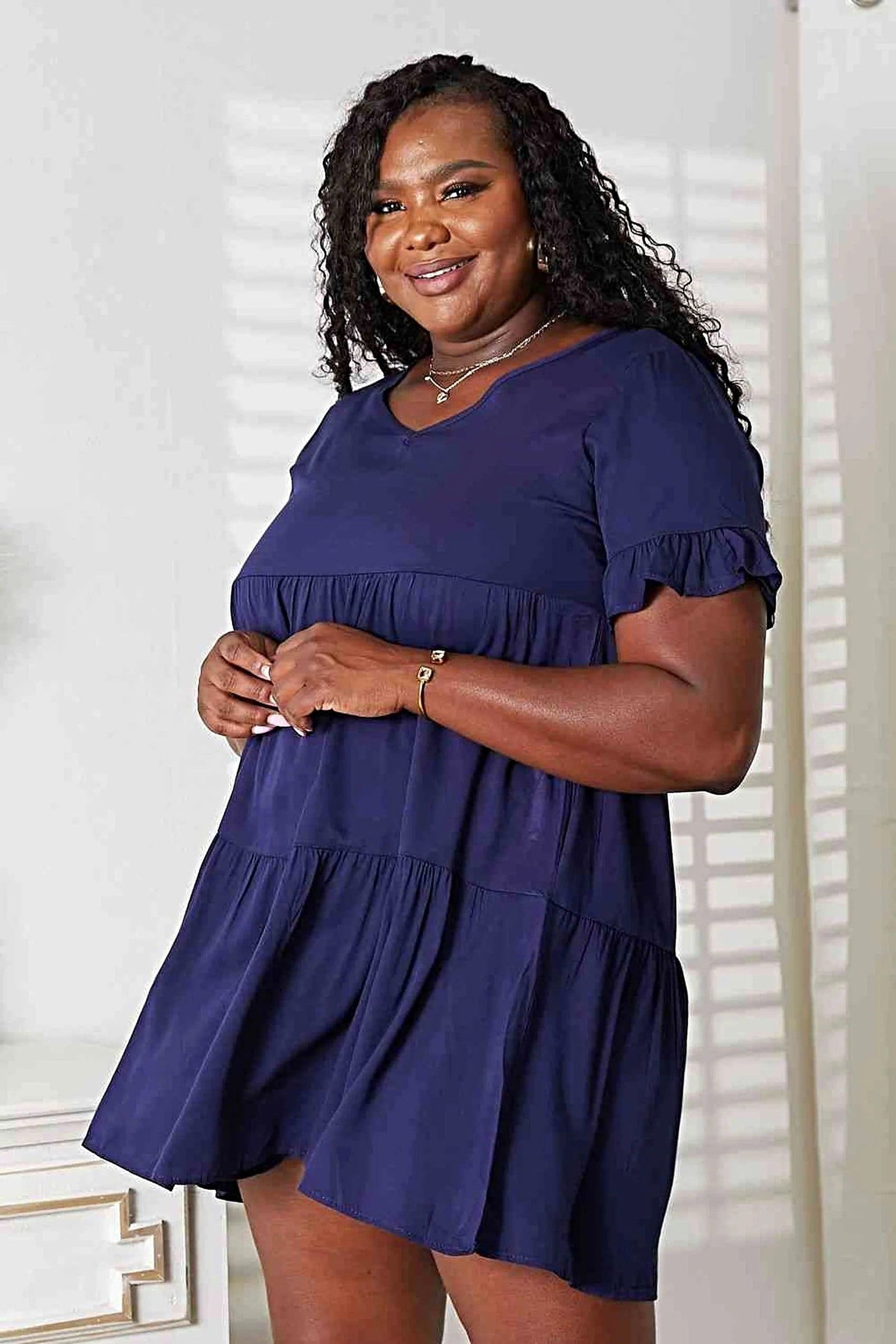 Double Take V-Neck Flounce Sleeve Tiered Dress -