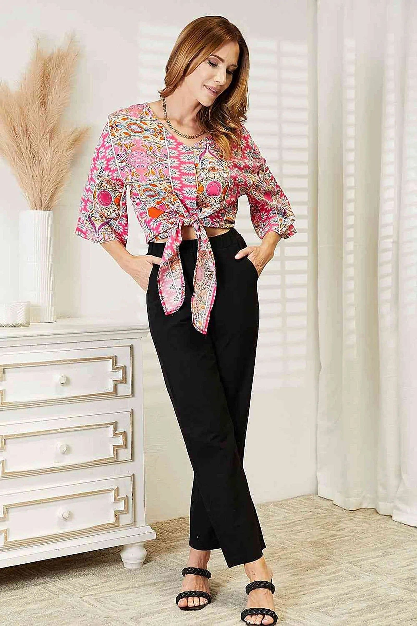 Chic Double Take Three-Quarter Sleeve Blouse with V-Neck and Tie Hem Detail Trendsi