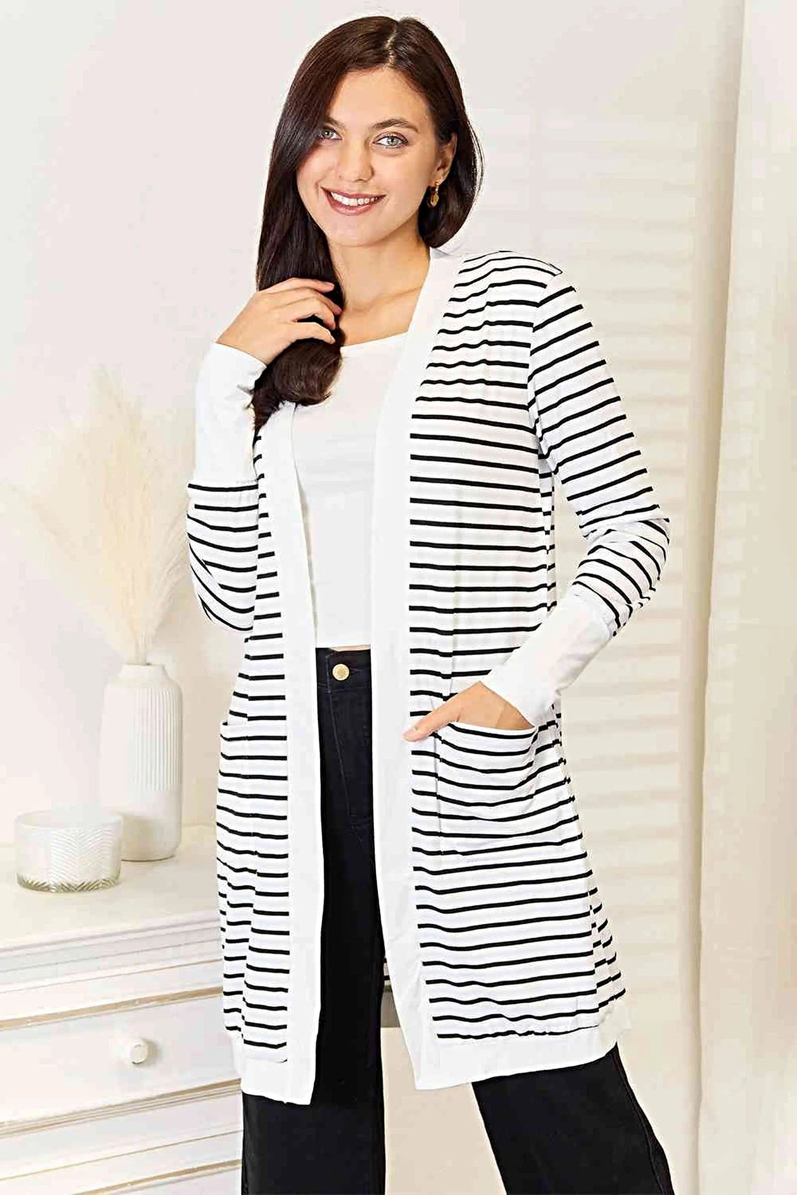 Double Take Striped Open Front Longline Cardigan -