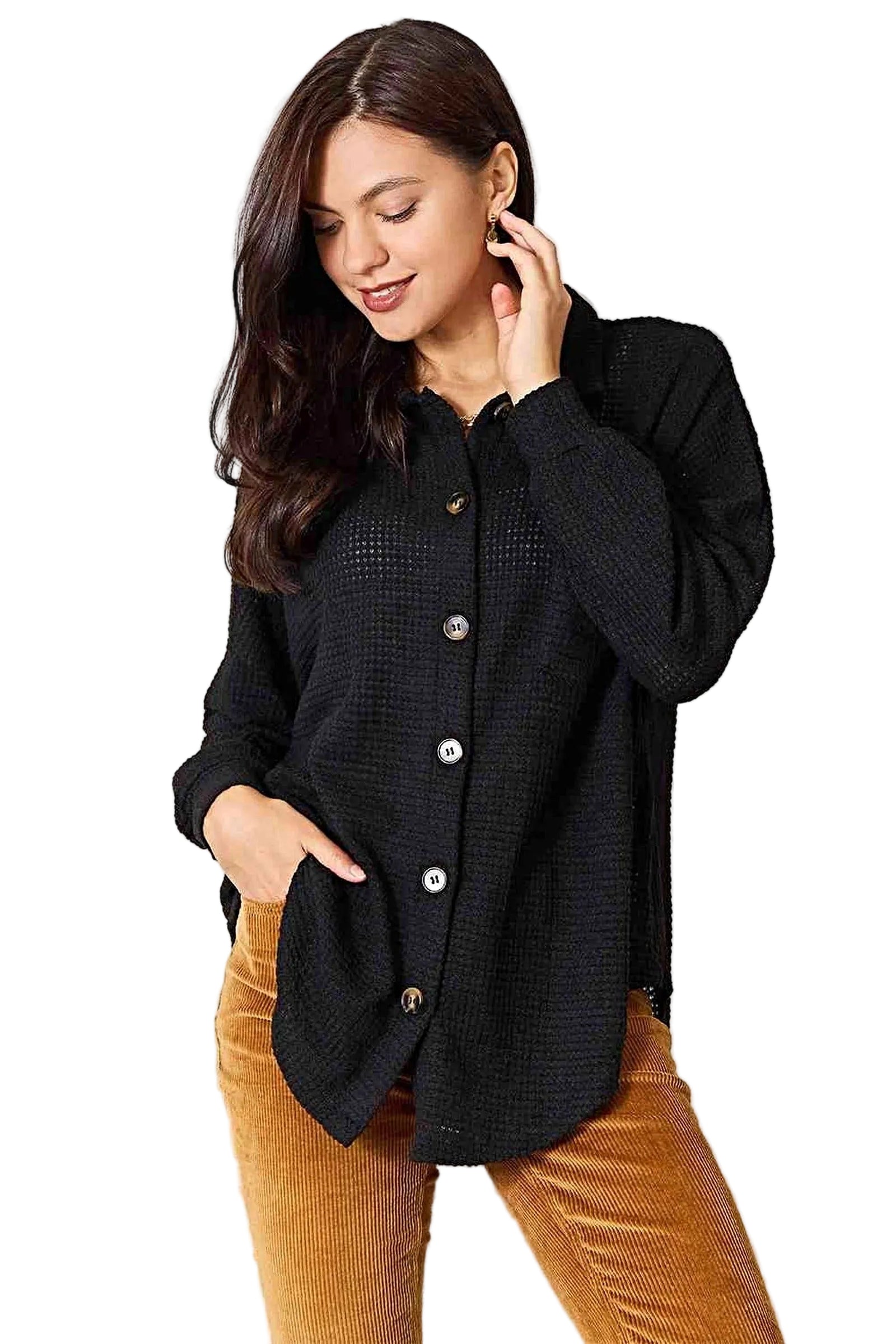 Double Take Waffle-Knit Collared Neck Dropped Shoulder Shirt Trendsi