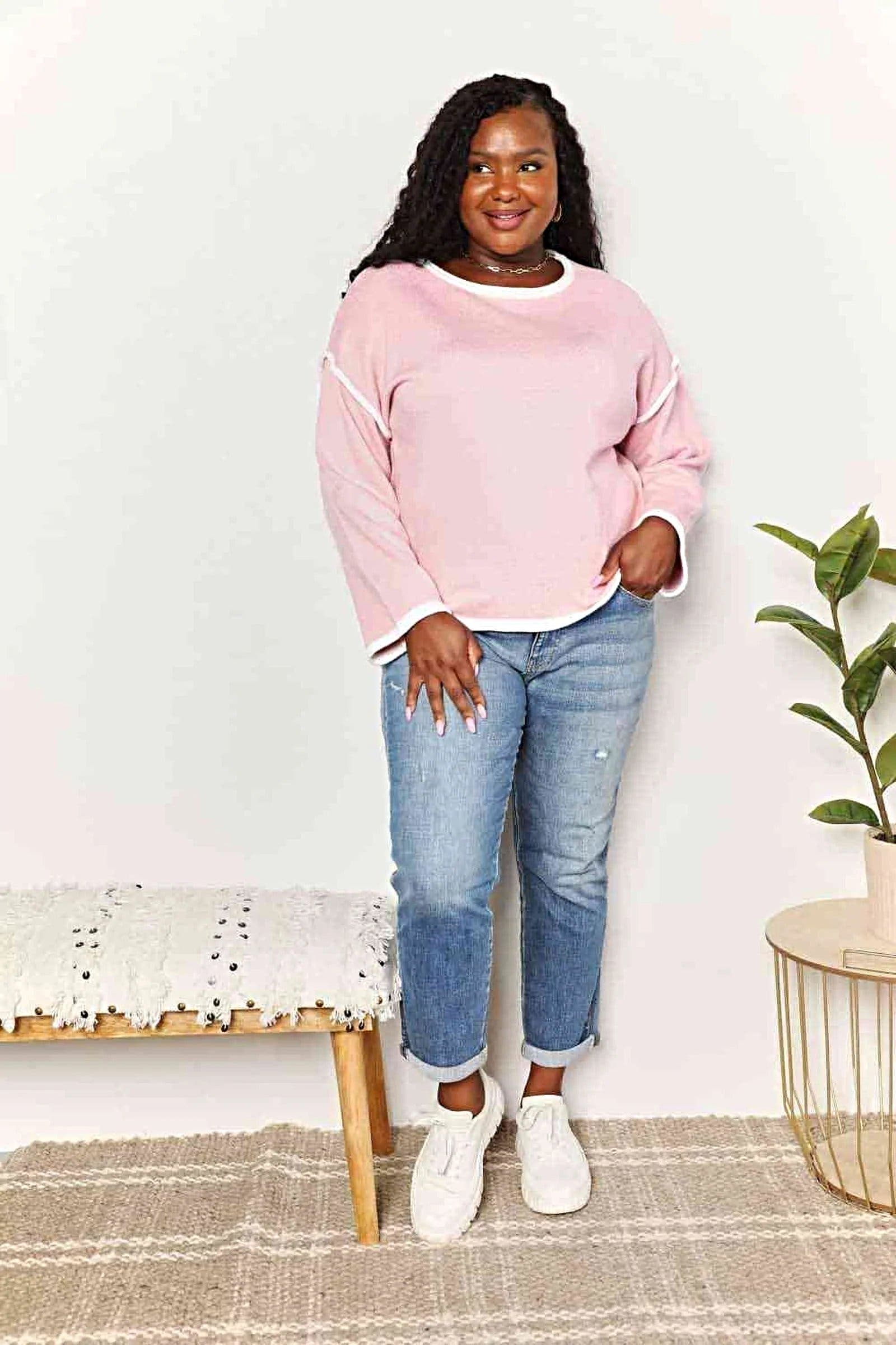 Double Take Contrast Detail Dropped Shoulder Knit Top -