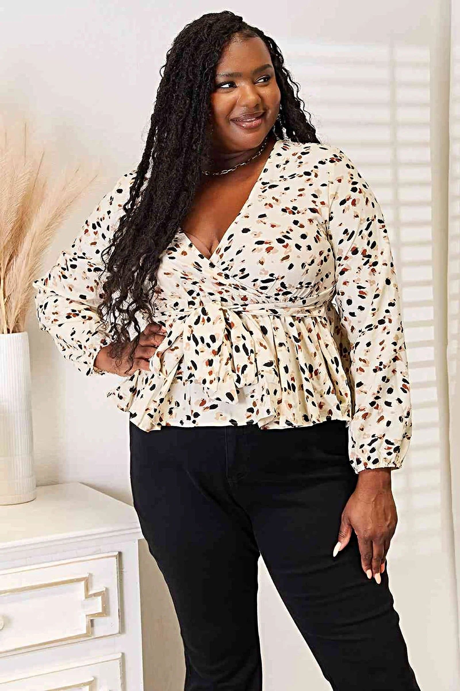 Vibrant Tied Plunge Peplum Blouse for an Elegant and Feminine Look - 100% Polyester Trendsi