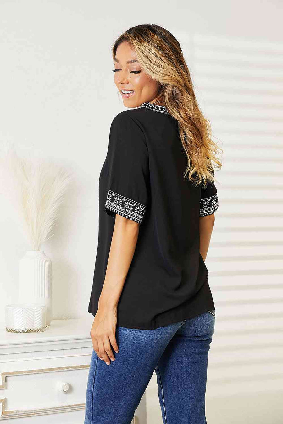 Double Take Embroidered Notched Neck Top-Trendsi-Black-S-SatinBoutique