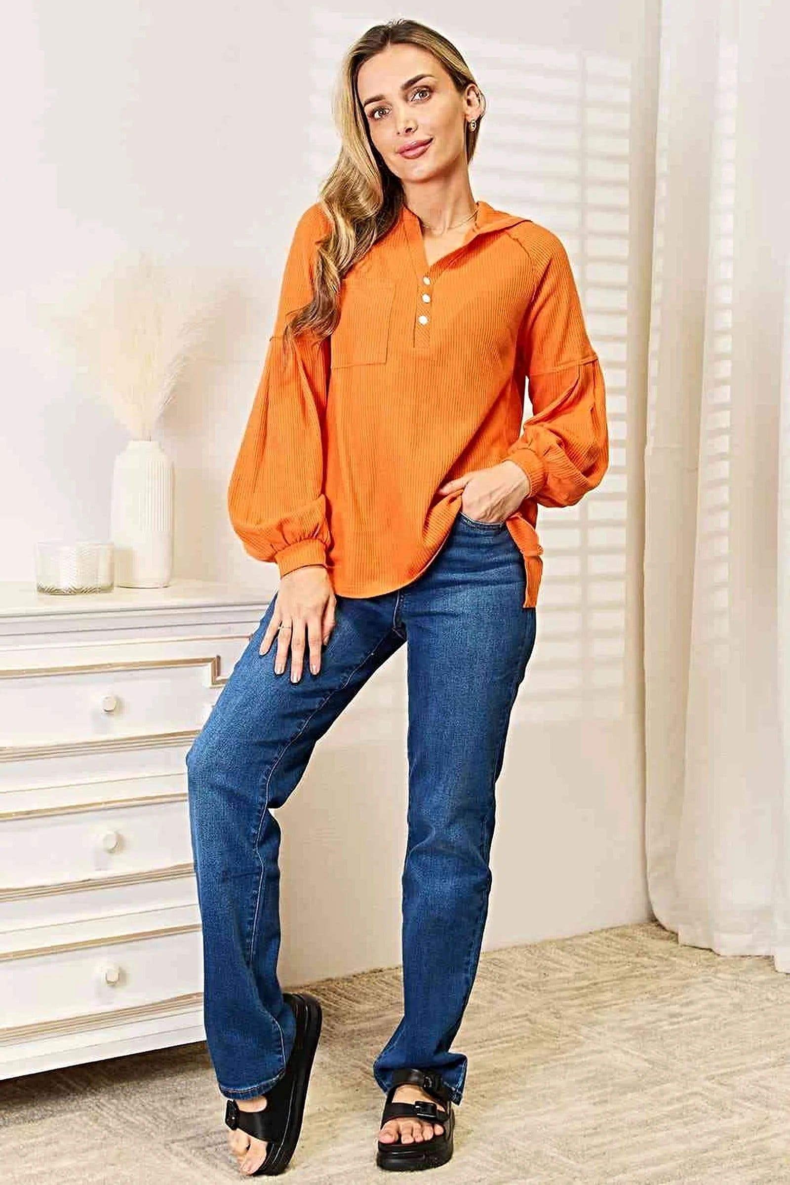Basic Bae Side Slit Buttoned Waffle Knit Hoodie, Also in Plus sizes -