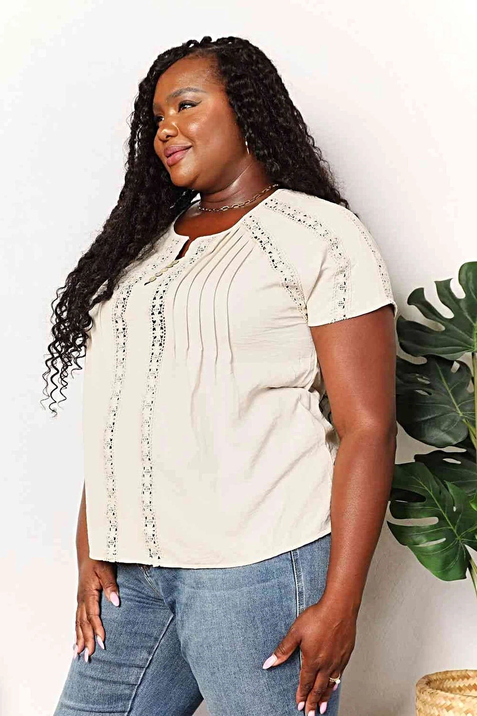 Chic Short Sleeve Crochet Shirt with Button Detail - Available in Plus Sizes Trendsi