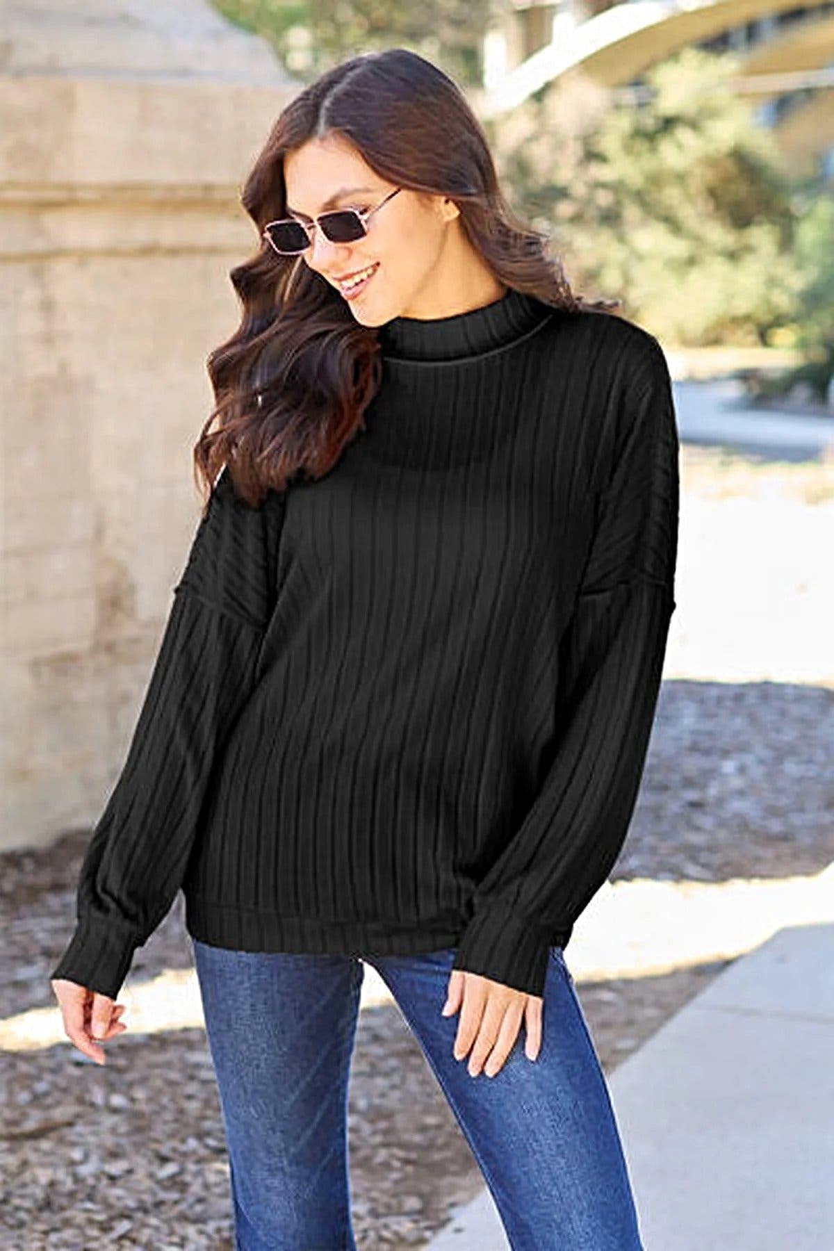 Luxury Ribbed Mock Neck Top – Full Size, Slightly Stretchy, Opaque Knit Elegance by Trendsi Trendsi