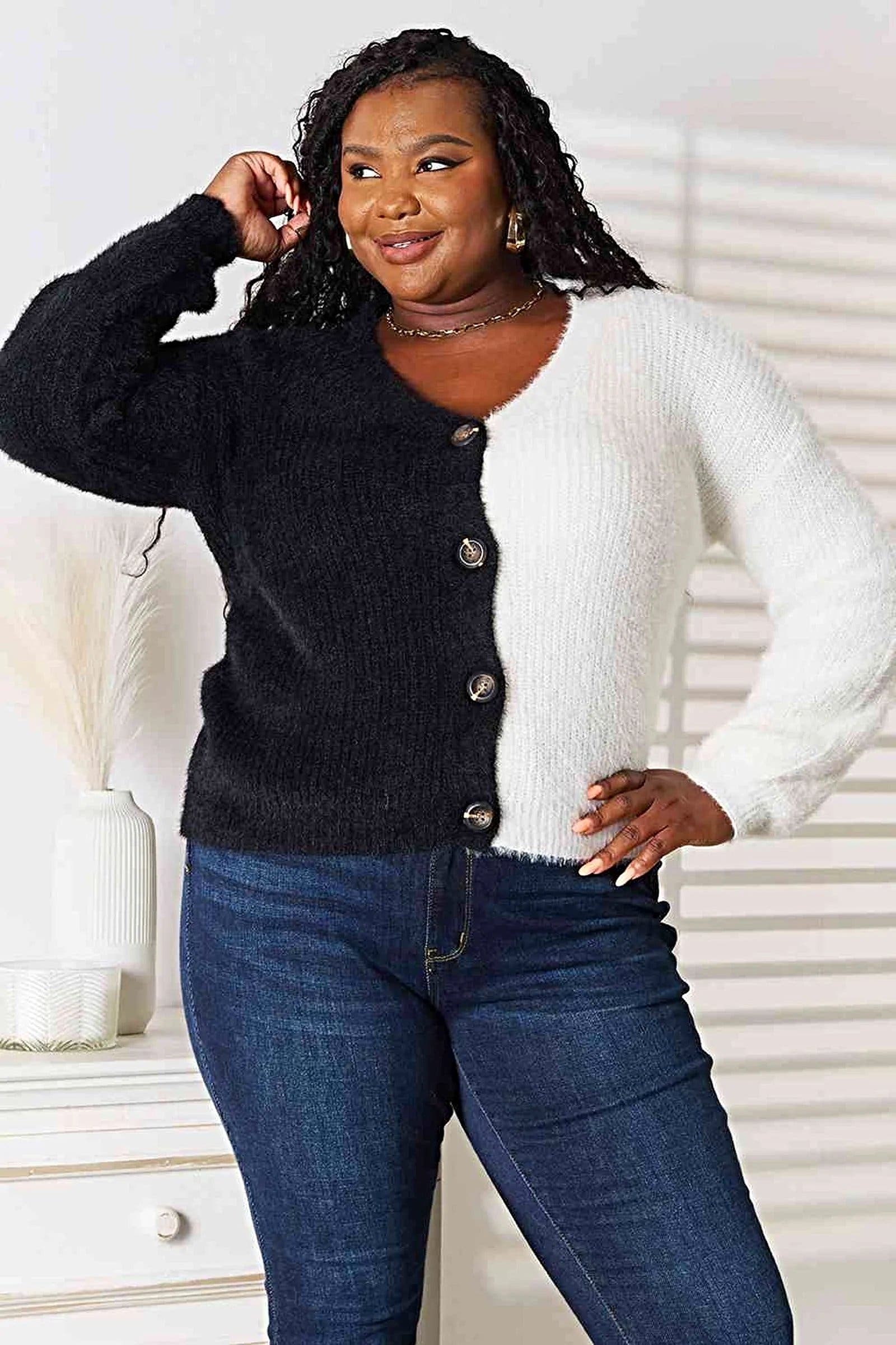 Woven Right Contrast Button-Front V-Neck Cardigan, Also in Plus sizes -