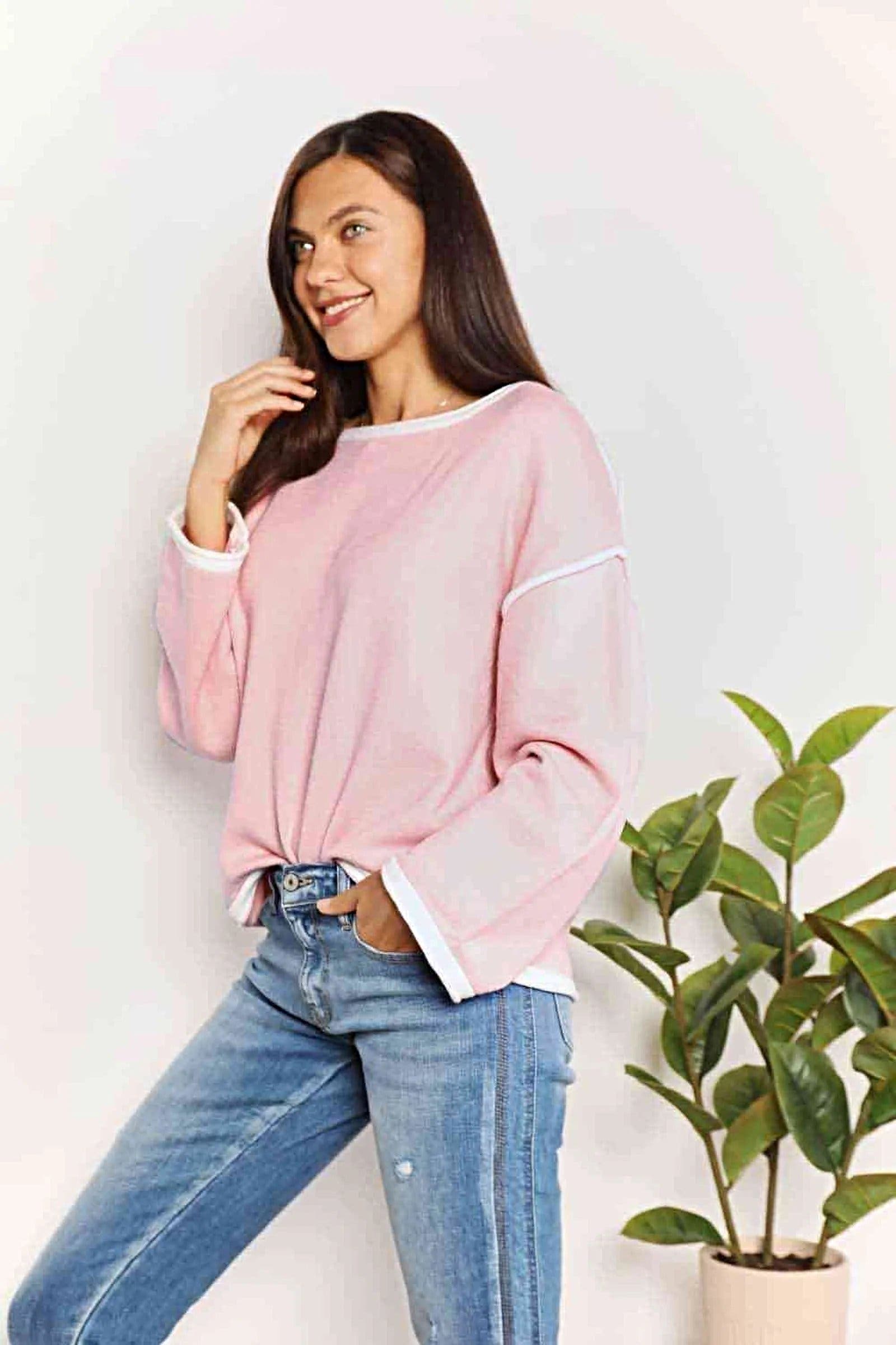 Double Take Contrast Detail Dropped Shoulder Knit Top -