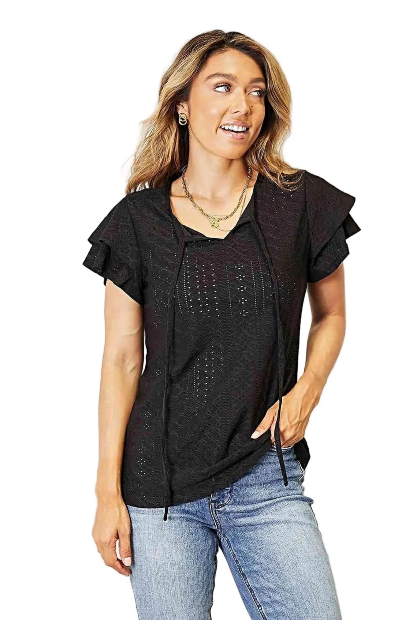 Elegant Double Take Flutter Sleeve Blouse With Eyelet Tie-Neck Design Trendsi