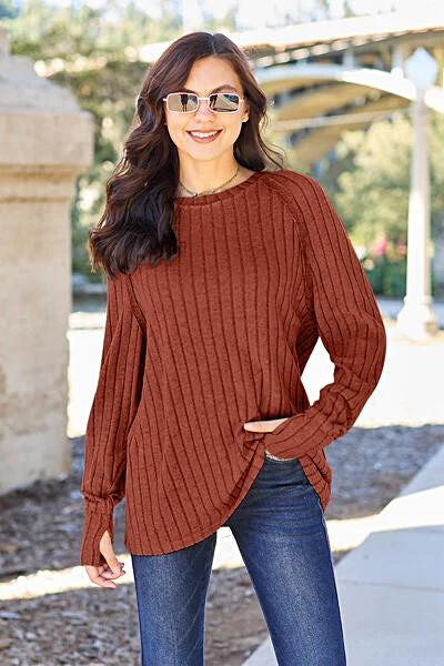 Trendy Ribbed Long Sleeve Top - Basic Bae Opaque Knit with Slight Stretch in Various Sizes Trendsi