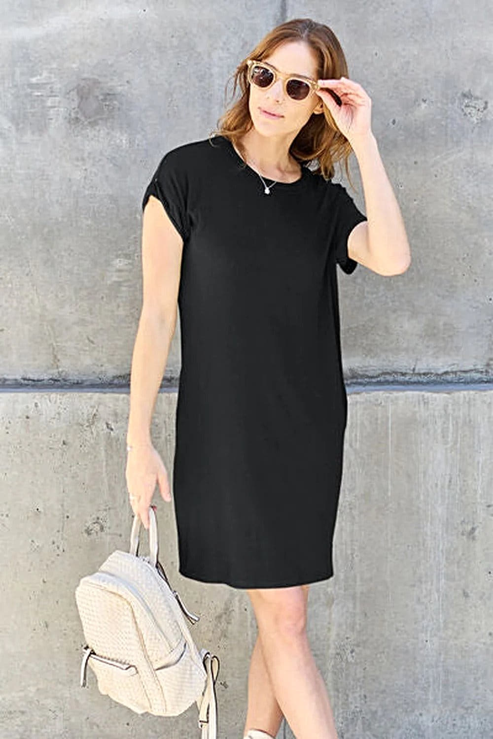 Casual Short Sleeve Dress With Pockets - Basic Bae Full Size Round Neck Style Trendsi