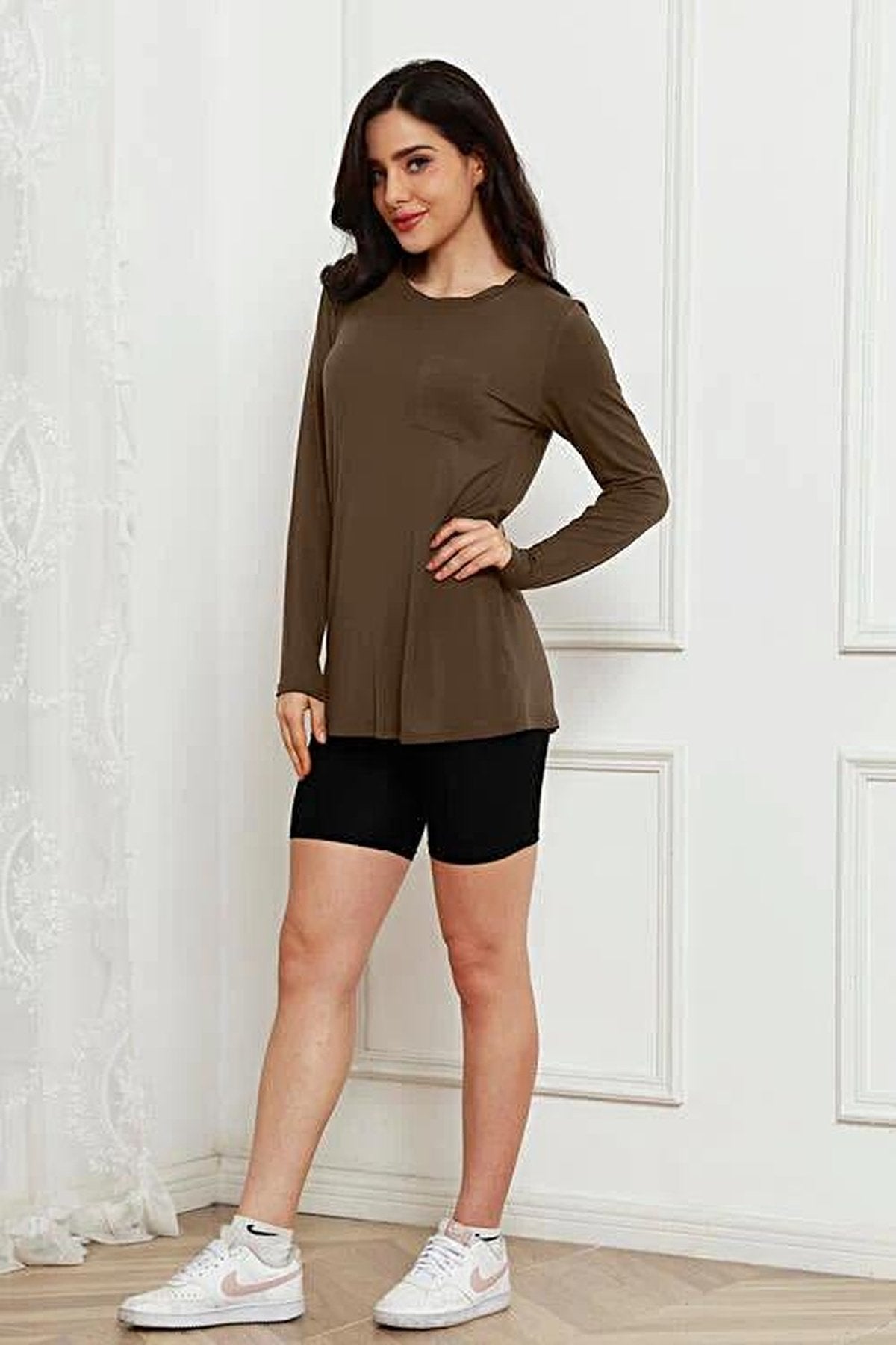 Opulent Basic Bae 100% Polyester Full Size Round Neck Long Sleeve Top with Pockets Trendsi