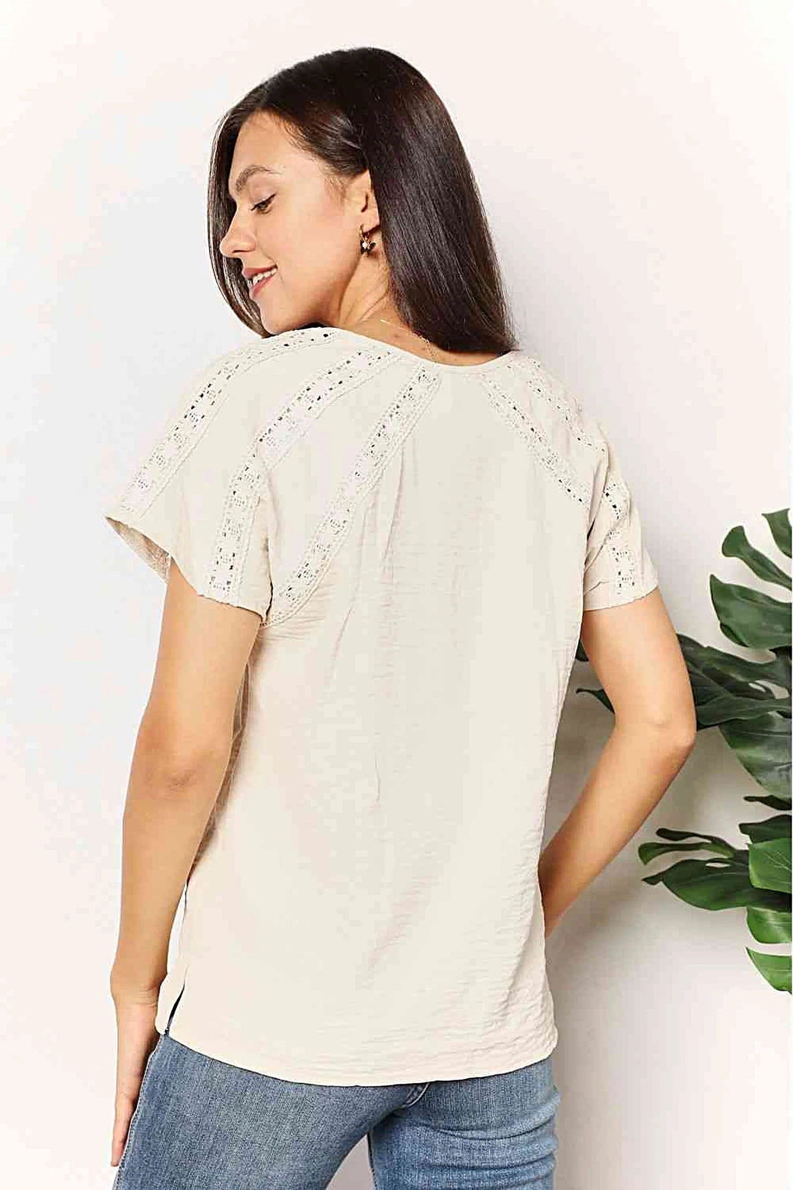 Chic Short Sleeve Crochet Shirt with Button Detail - Available in Plus Sizes Trendsi