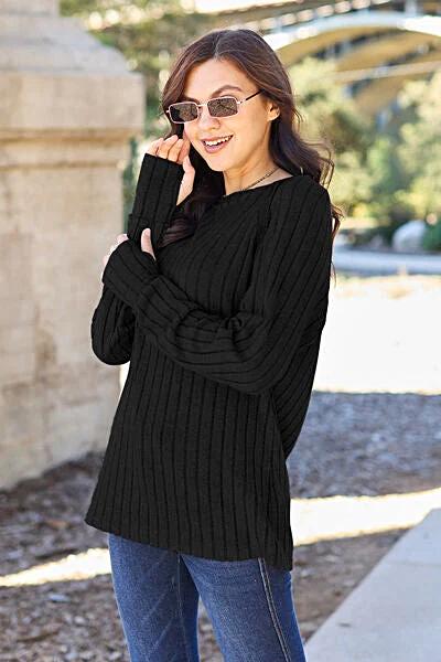 Trendy Ribbed Long Sleeve Top - Basic Bae Opaque Knit with Slight Stretch in Various Sizes Trendsi