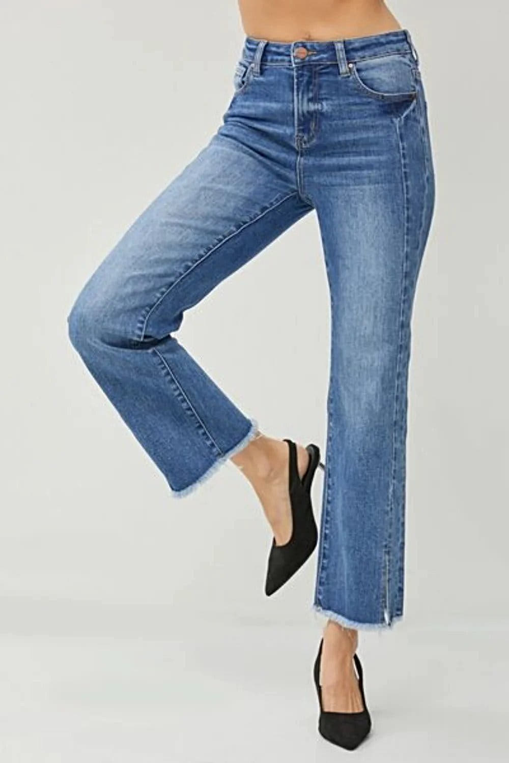 RISEN High Waist Raw Hem Slit Straight Jeans - Jeans
