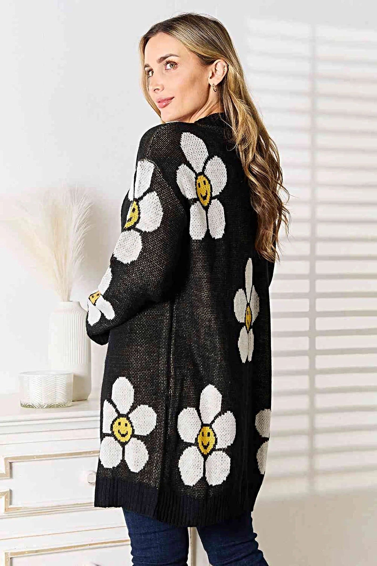 Floral Longline Cardigan - Elegant Button Down Closure, Ribbed Detail & Moderate Stretch Trendsi