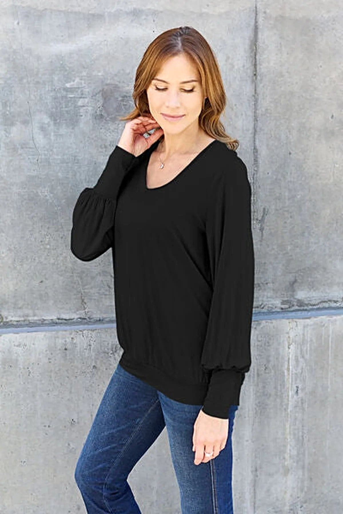 Basic Bae Full Size V-Neck Lantern Sleeve Blouse -