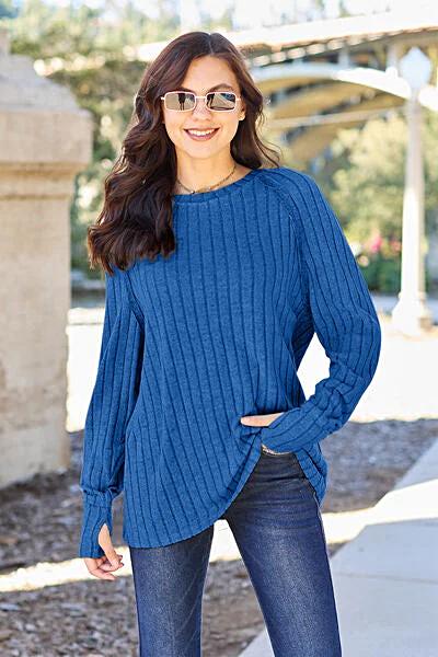 Trendy Ribbed Long Sleeve Top - Basic Bae Opaque Knit with Slight Stretch in Various Sizes Trendsi