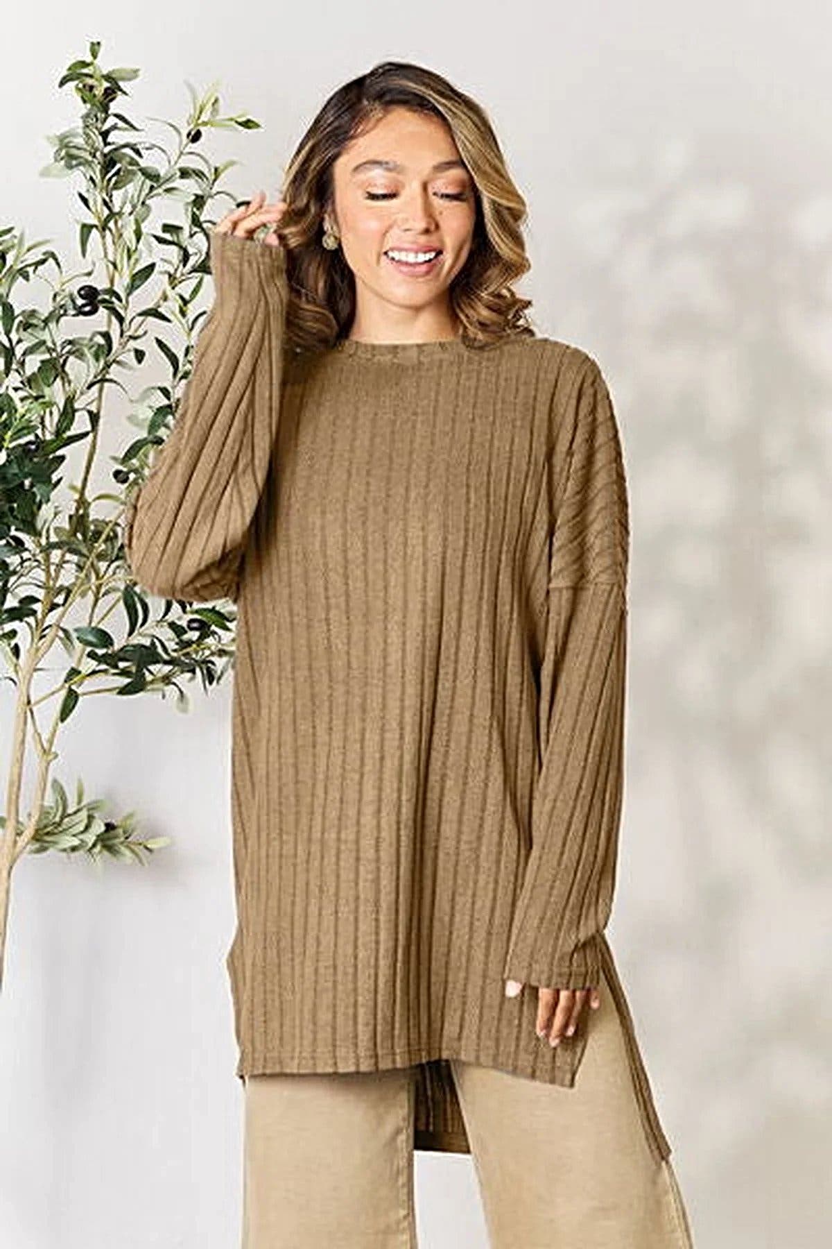 Chic Ribbed Long Sleeve Top with Slit - Basic Bae Full Size Round Neck Design for Effortless Style Trendsi