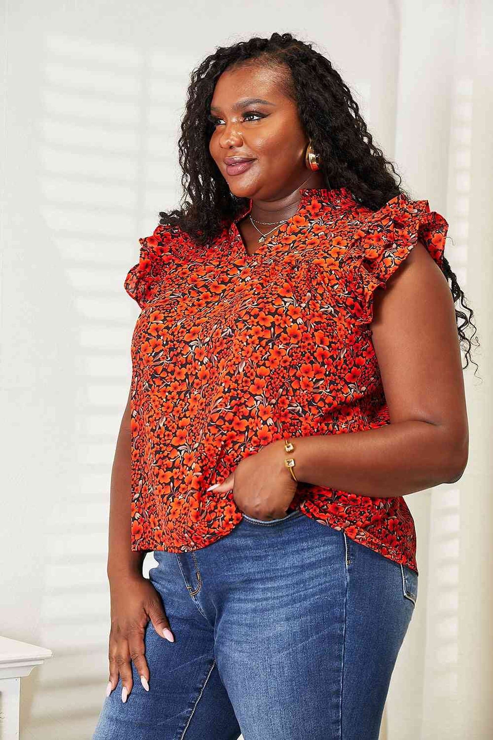 Elegance Redefined: Floral Flutter Sleeve Blouse With Chic Notched Neckline Trendsi